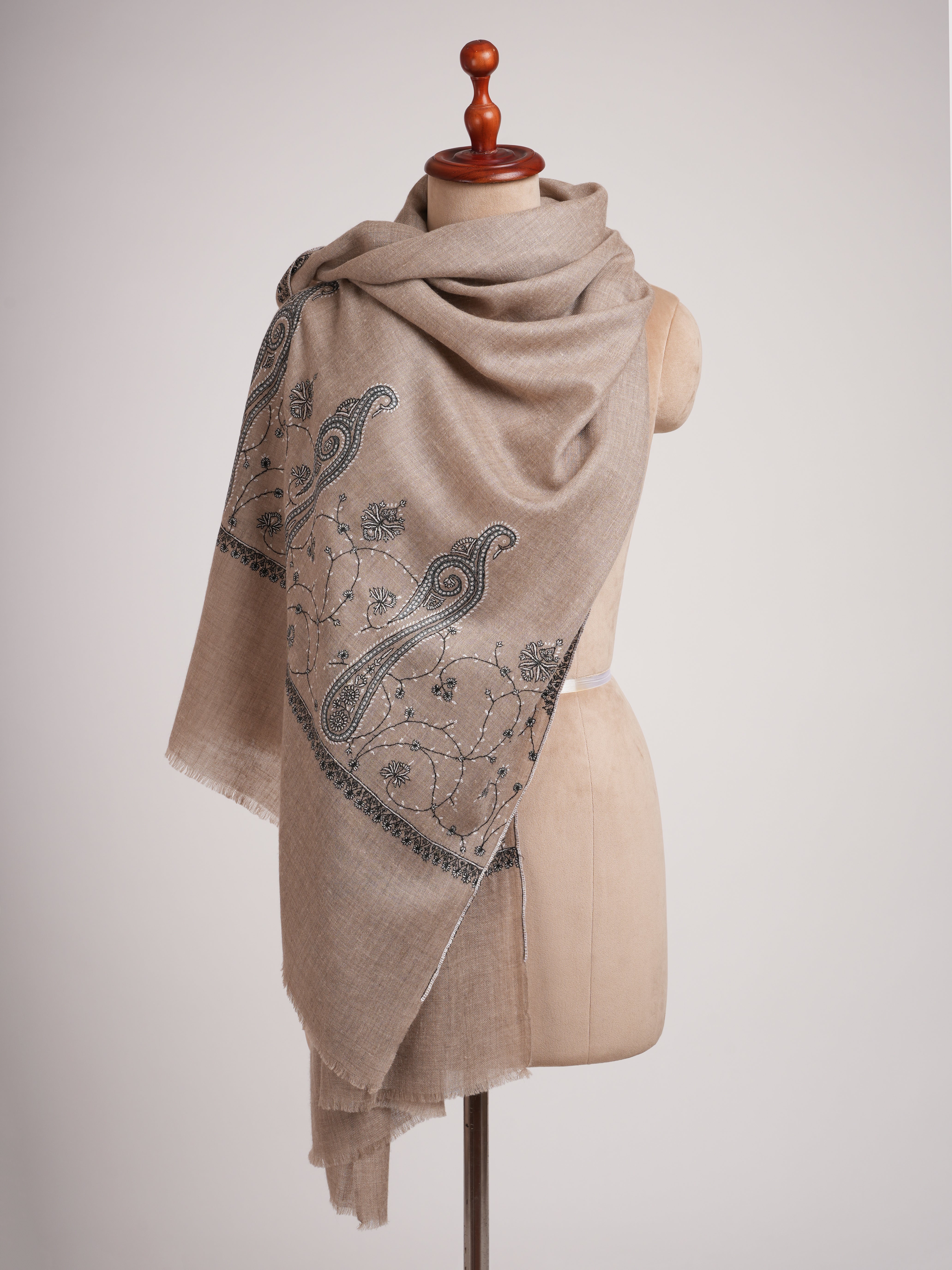 Black and Taupe Embroidered Featherlight Cashmere Wrap