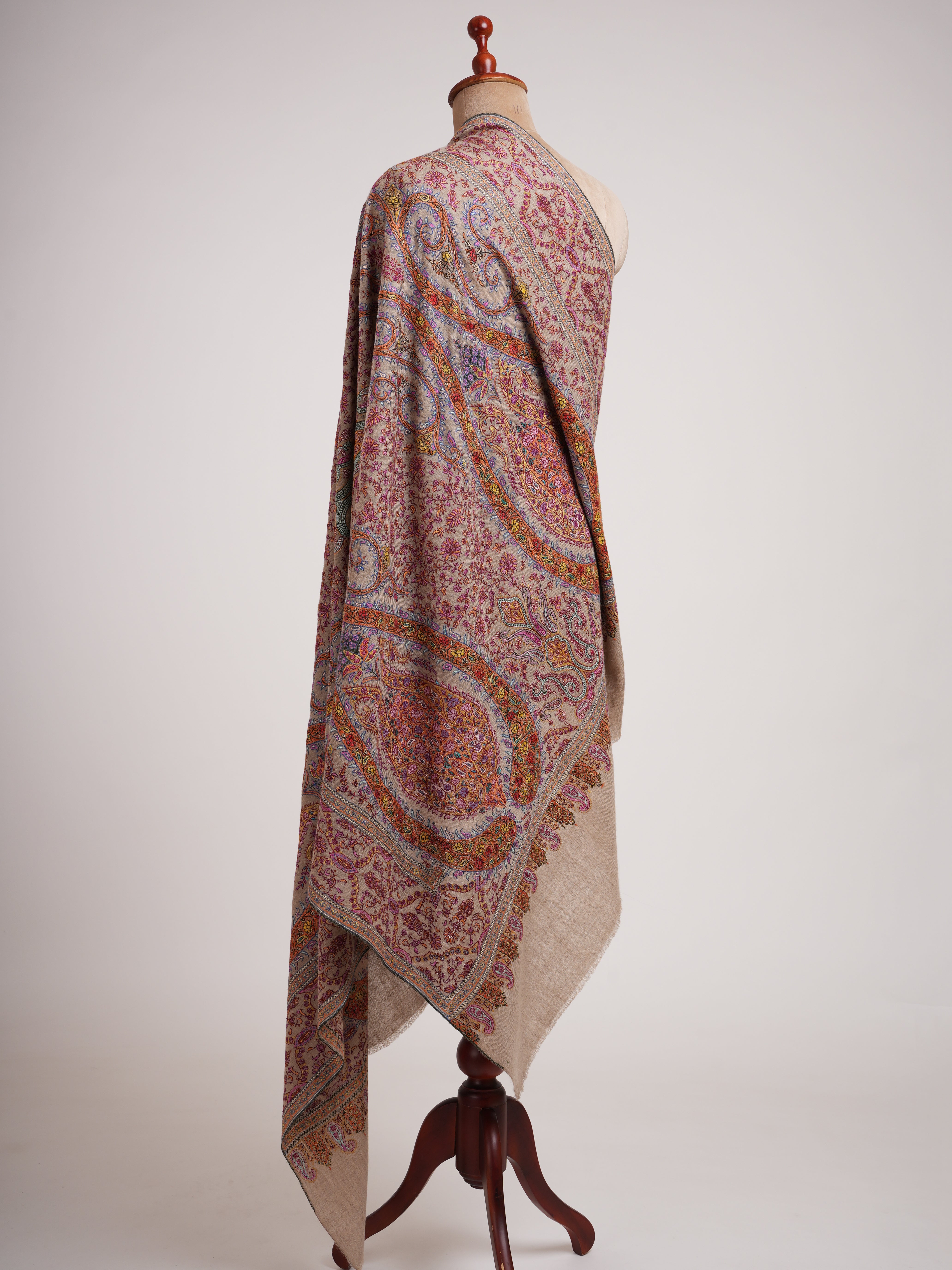 Taupe Artistic Kashmiri Pashmina Jamavar Shawl