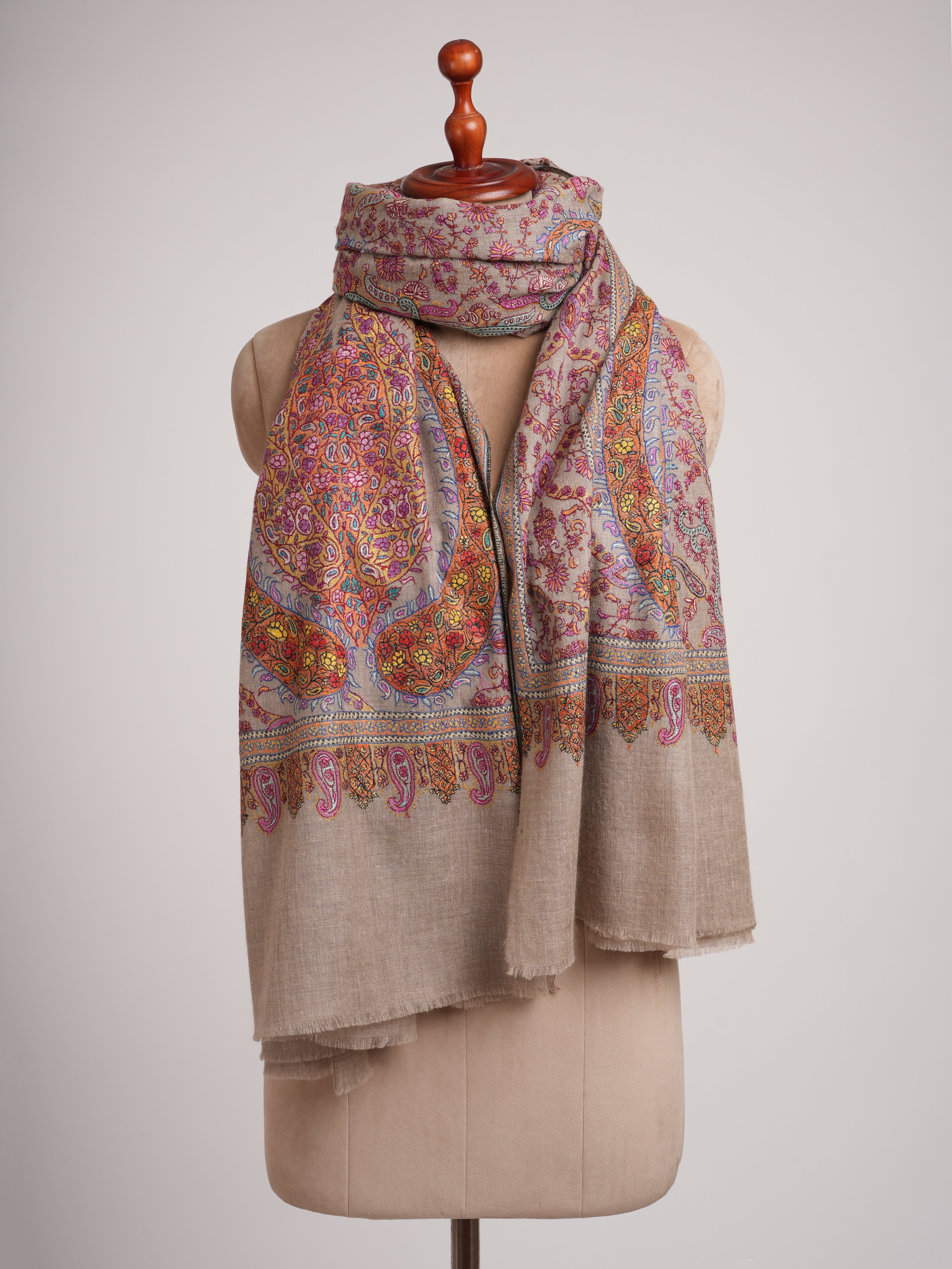 Taupe Artistic Kashmiri Pashmina Jamavar Shawl