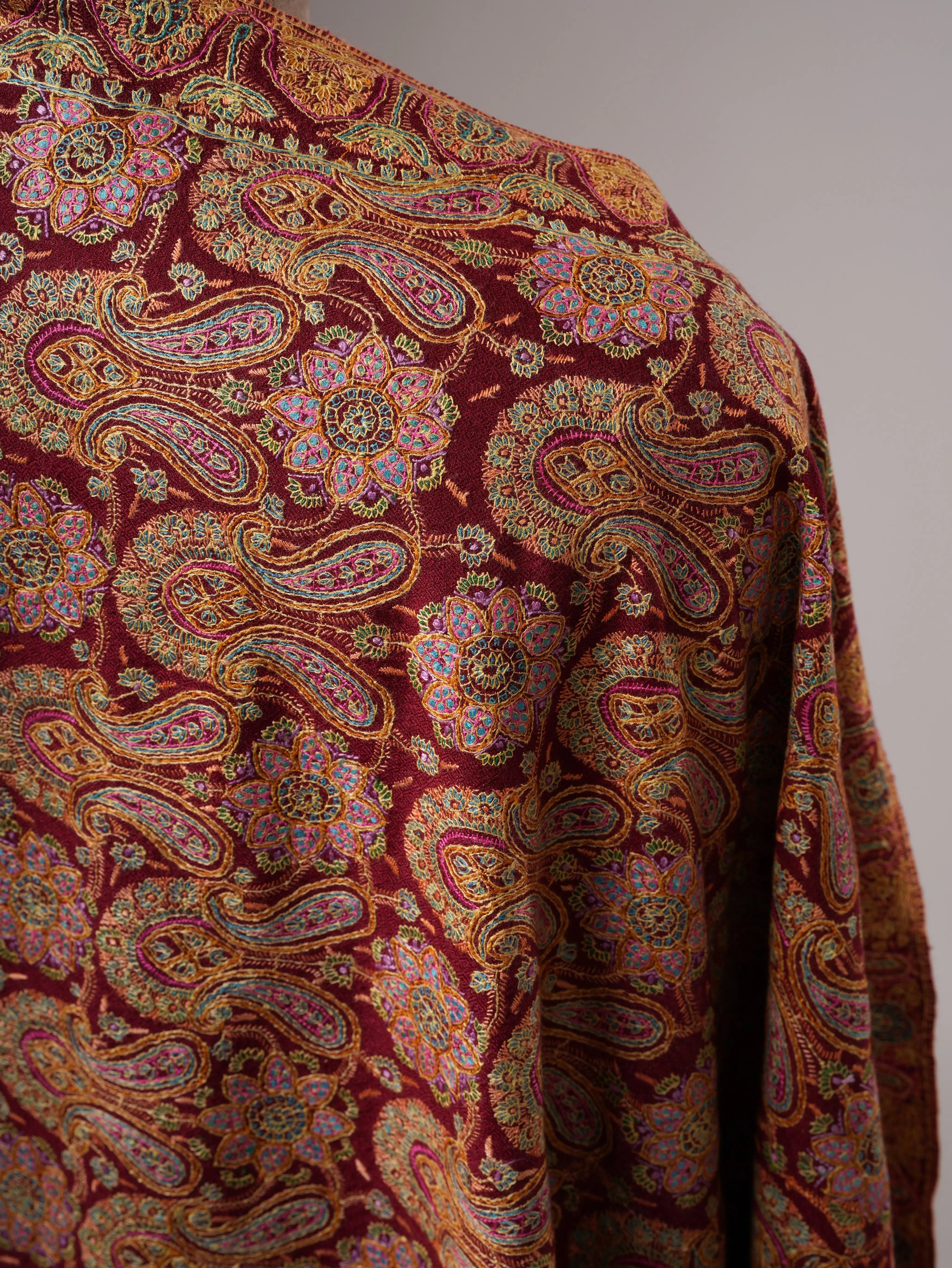 Hand Embroidered Burgundy Pure Pashmina Jamavar Shawl Shahkaar