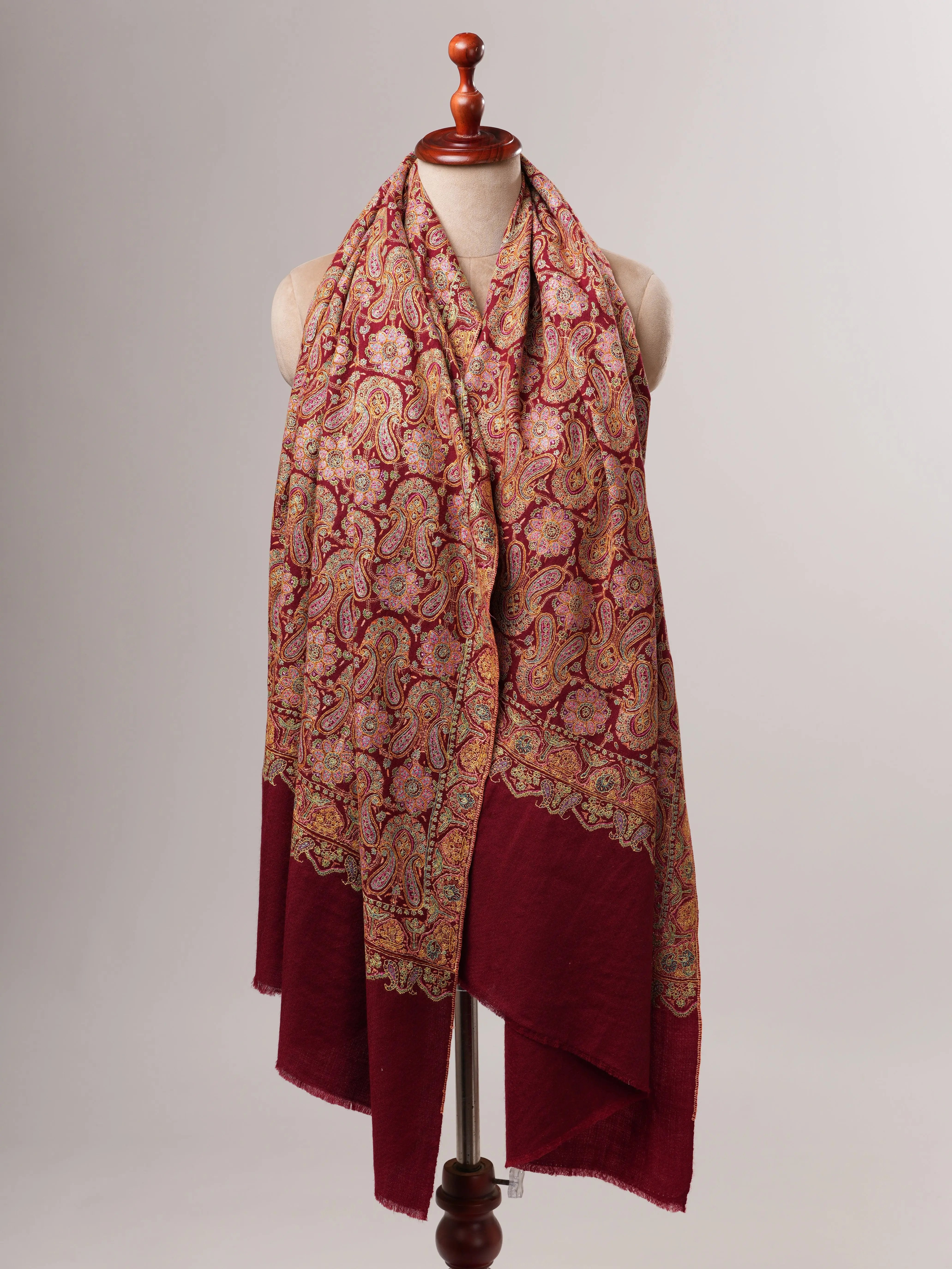 Hand Embroidered Burgundy Pure Pashmina Jamavar Shawl Shahkaar
