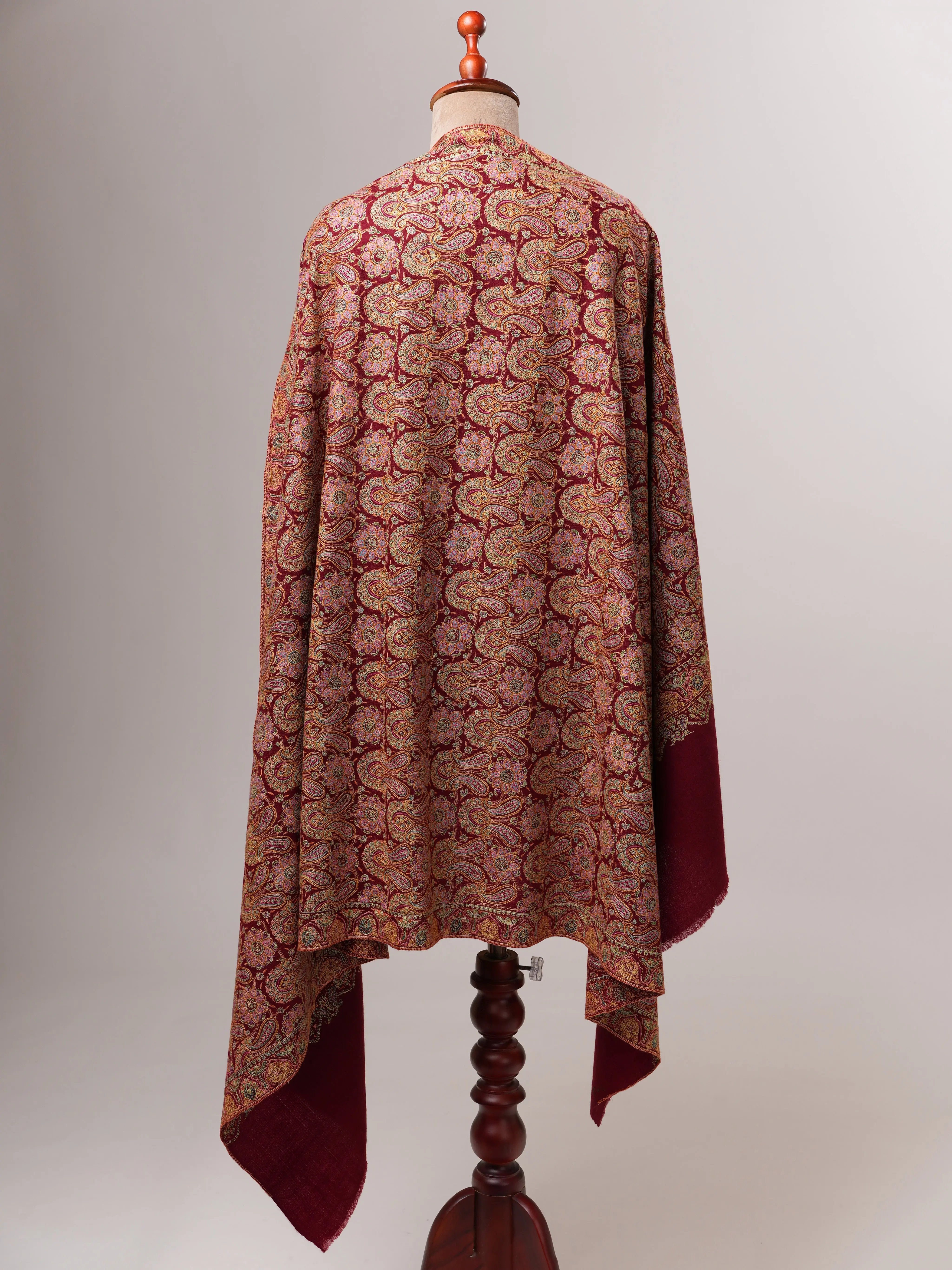 Hand Embroidered Burgundy Pure Pashmina Jamavar Shawl Shahkaar