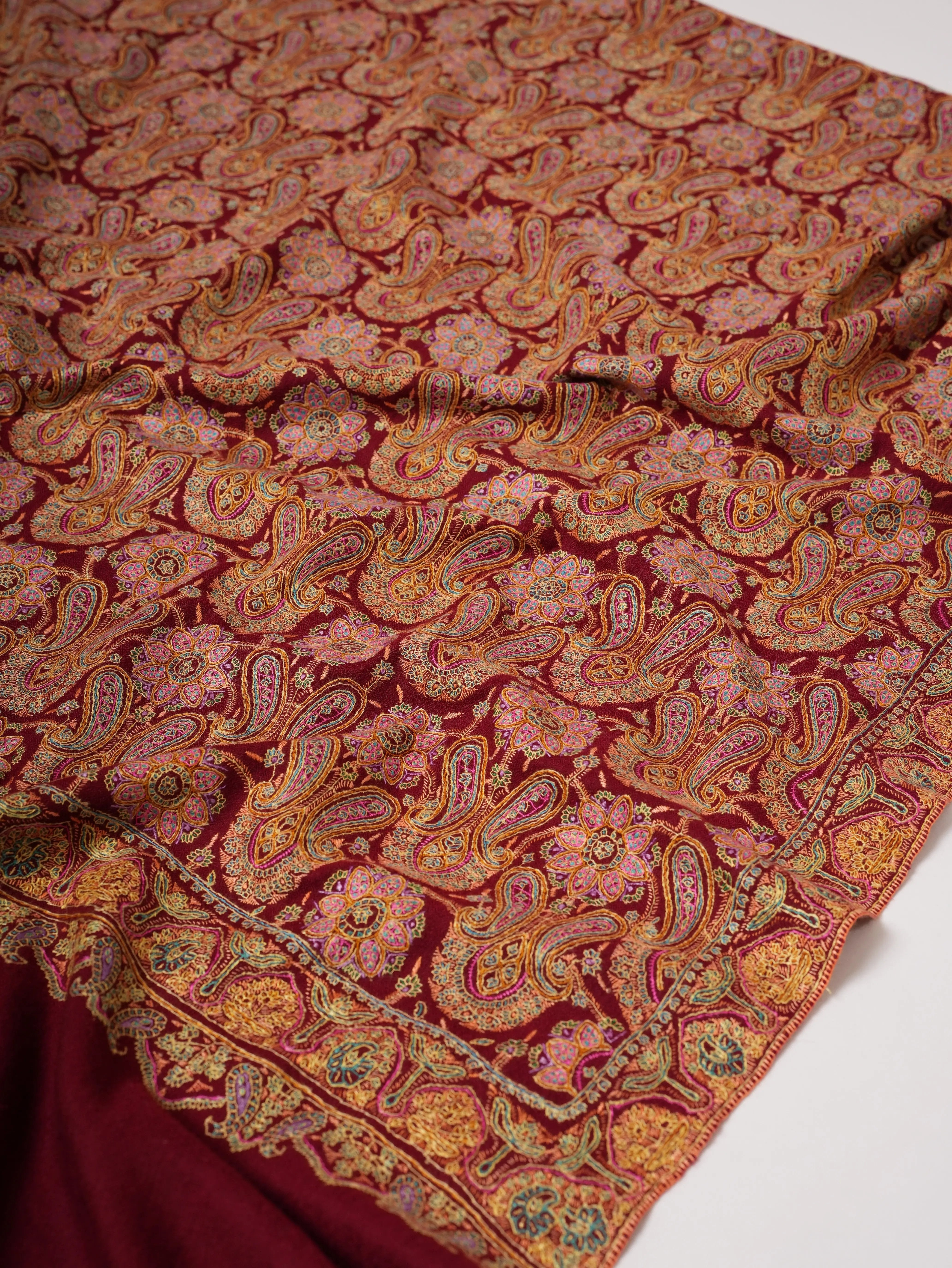 Hand Embroidered Burgundy Pure Pashmina Jamavar Shawl Shahkaar