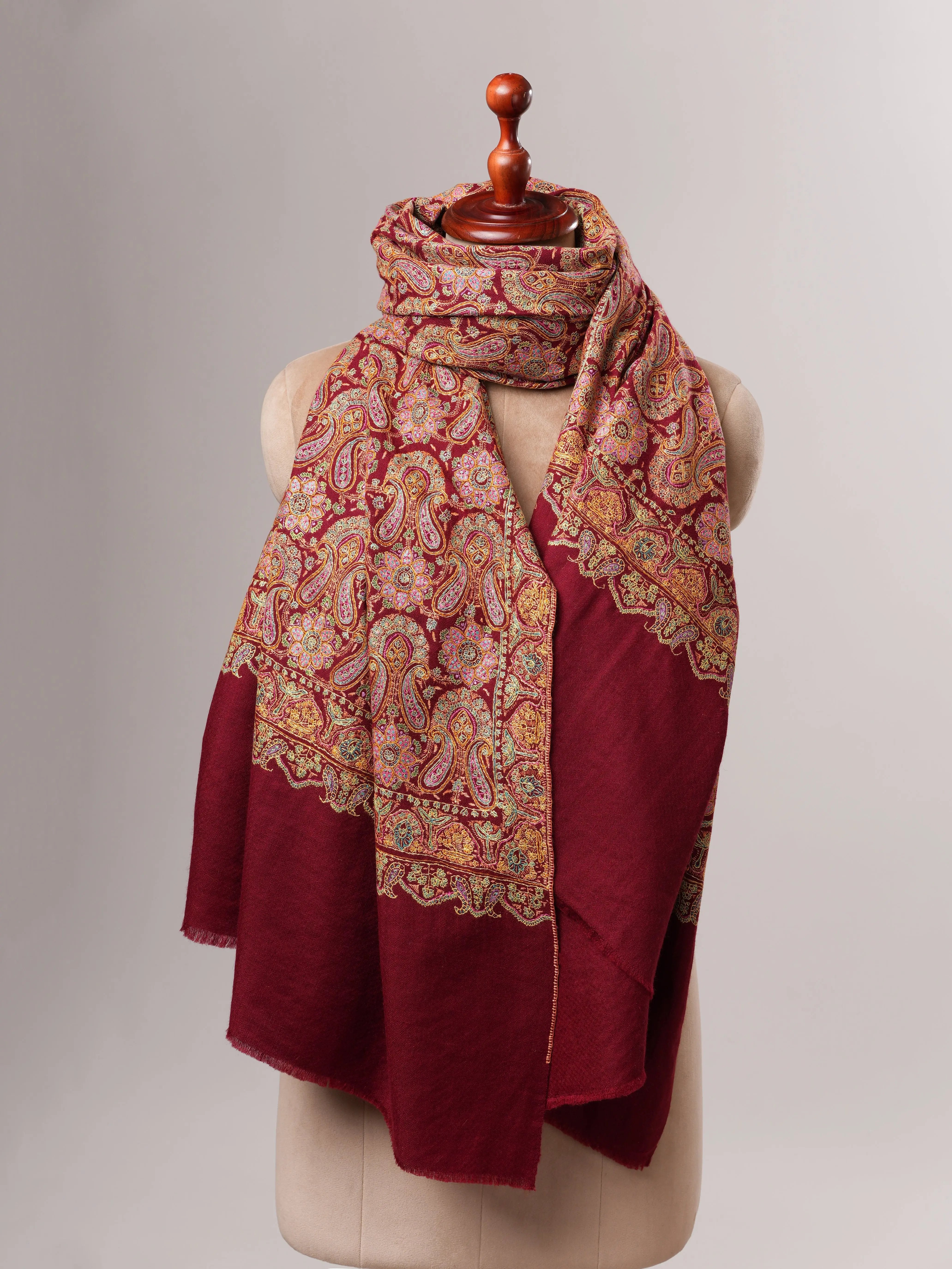 Hand Embroidered Burgundy Pure Pashmina Jamavar Shawl Shahkaar