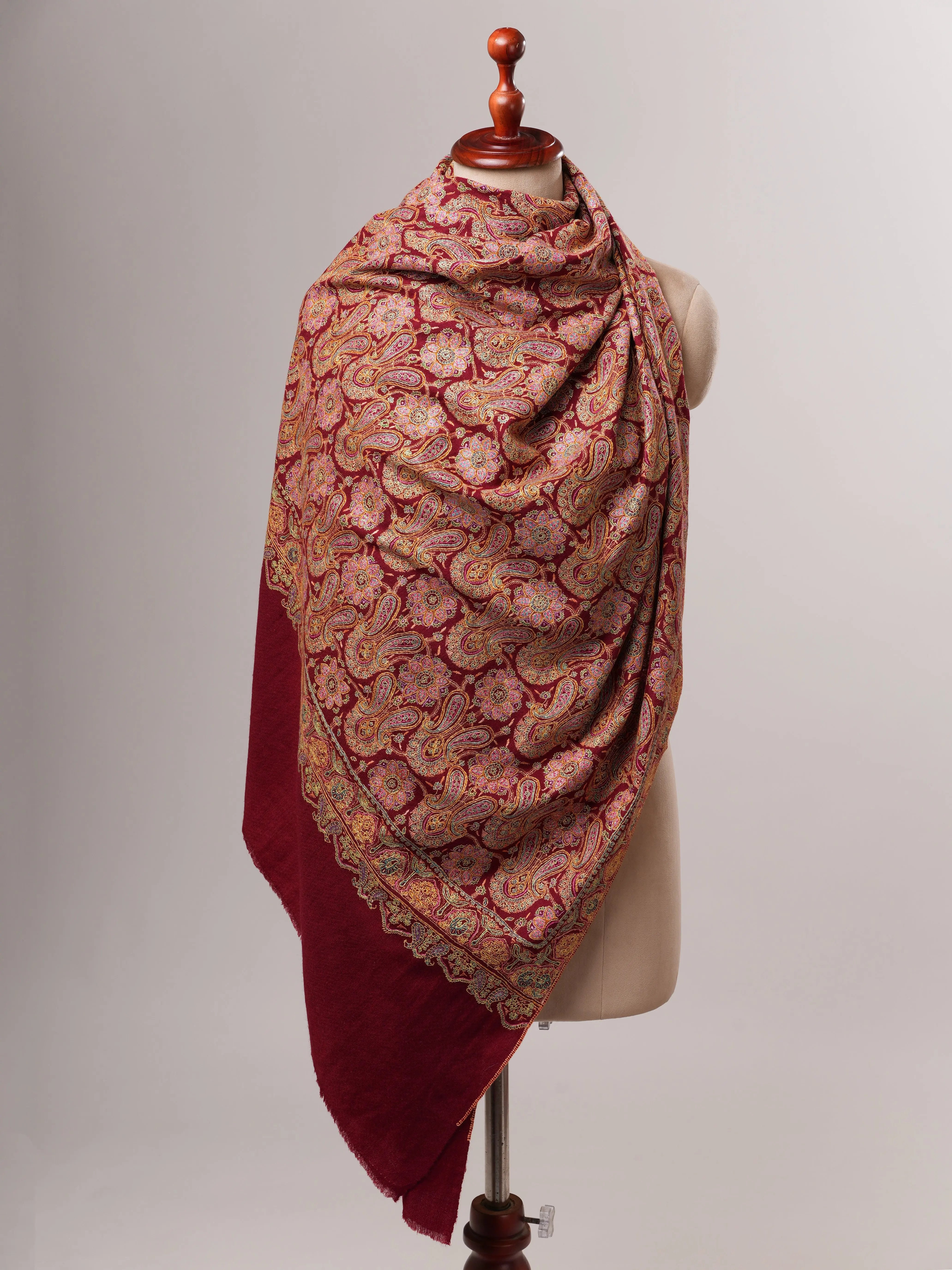 Hand Embroidered Burgundy Pure Pashmina Jamavar Shawl Shahkaar