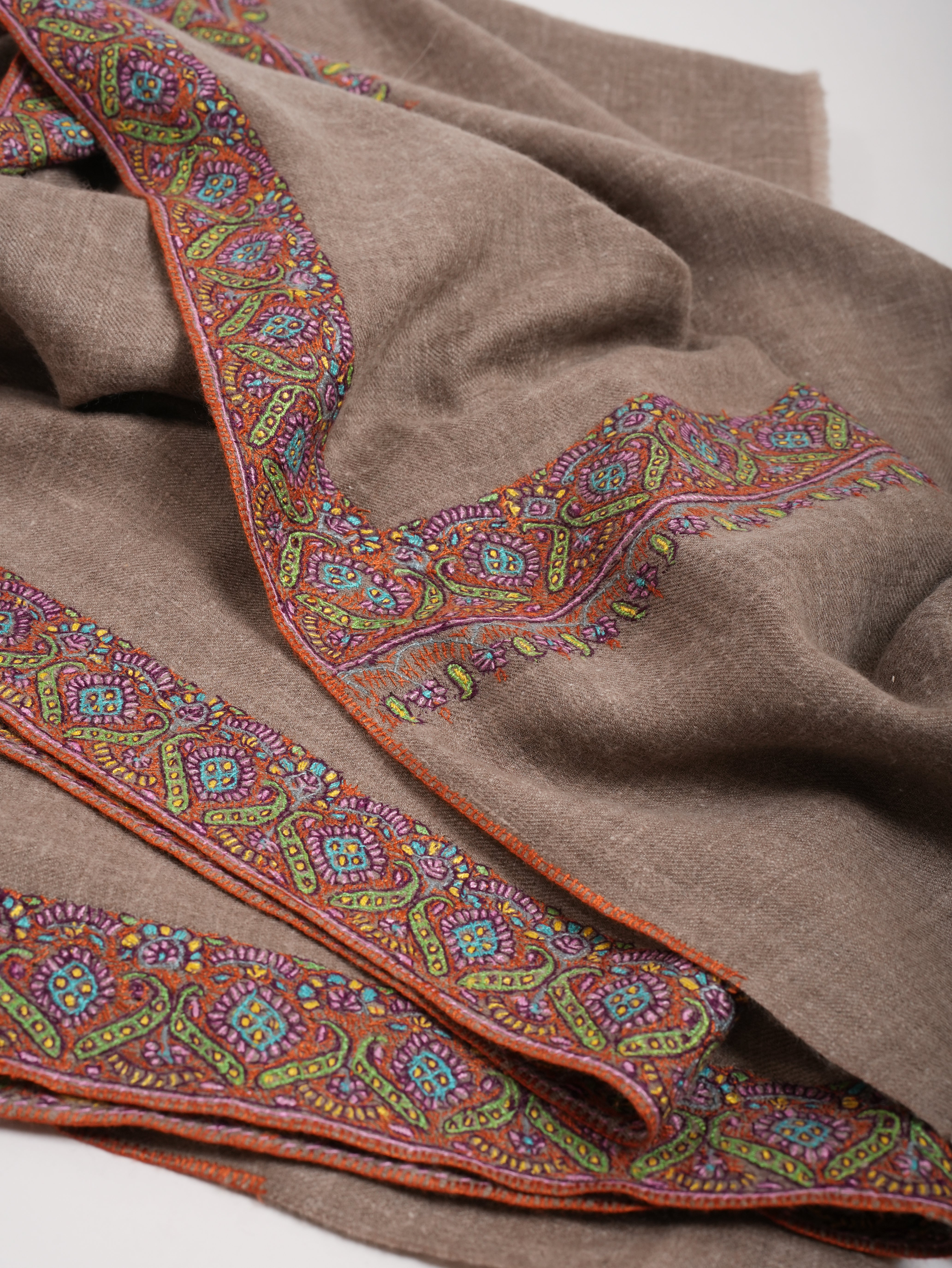 Taupe Traditional Neemdaur Needlework Pashmina Shawl