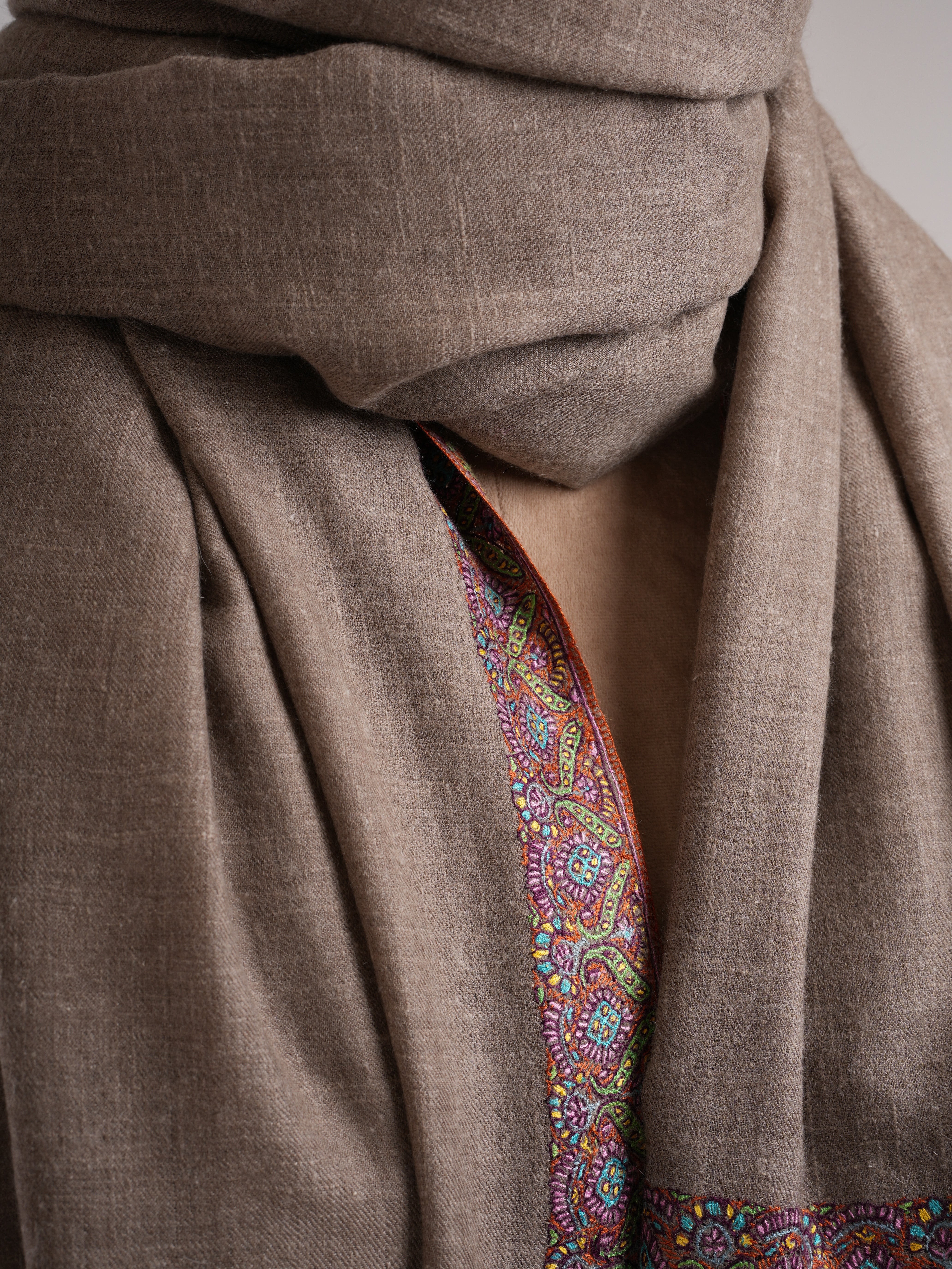 Taupe Traditional Neemdaur Needlework Pashmina Shawl
