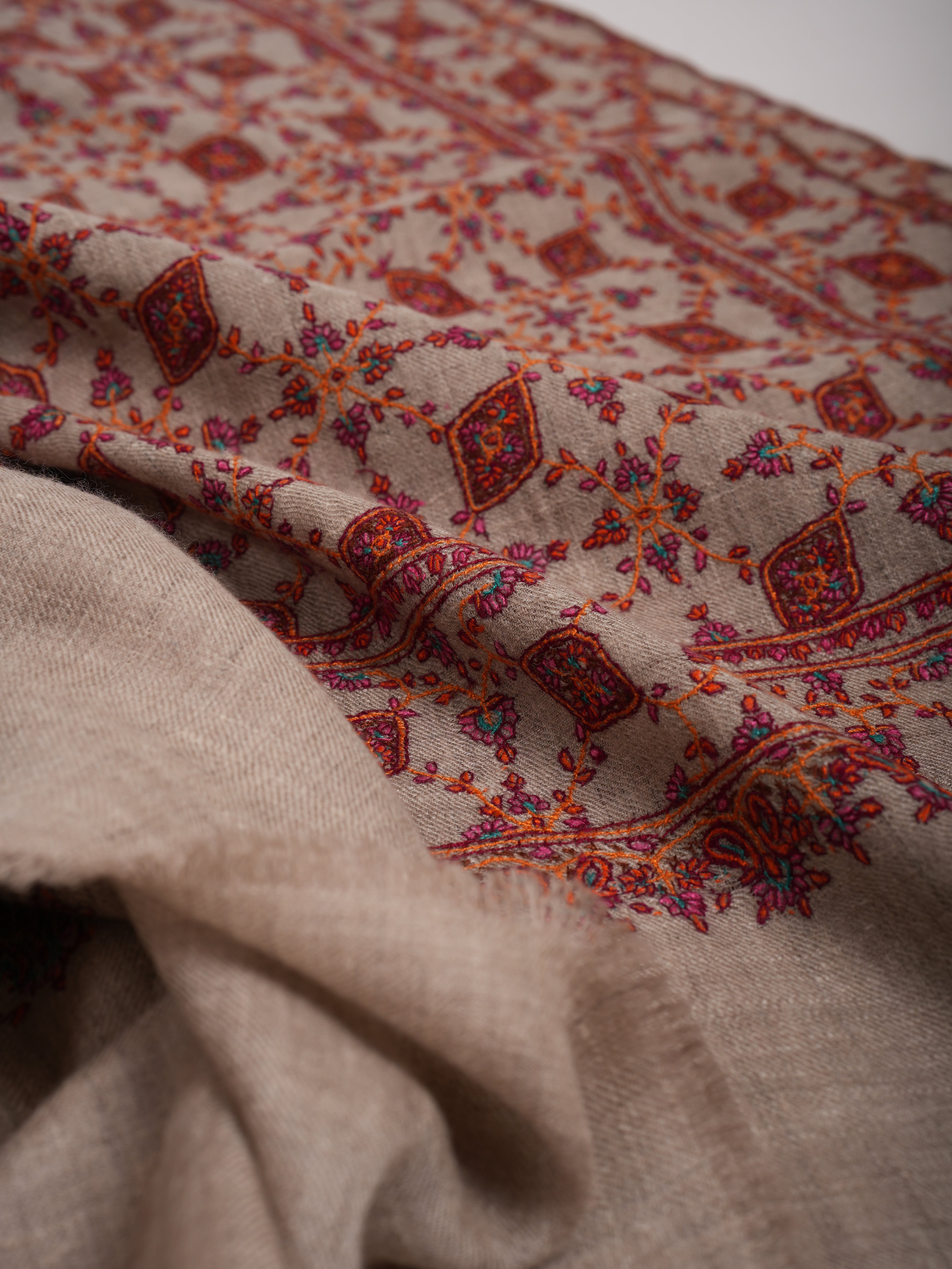 Hand Embroidered Neem Jamavar Pashmina Shawl Natural Taupe