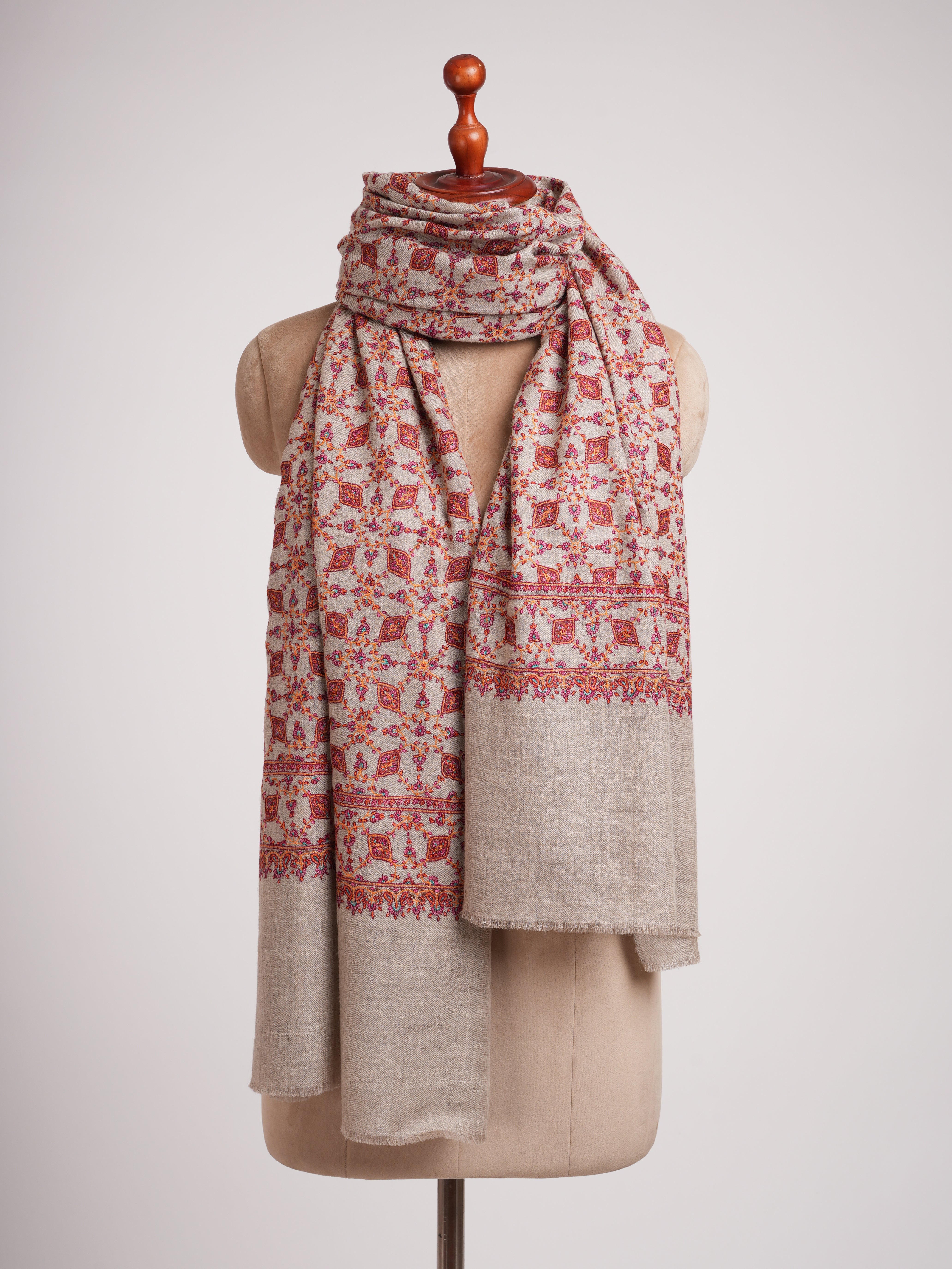Hand Embroidered Neem Jamavar Pashmina Shawl Natural Taupe