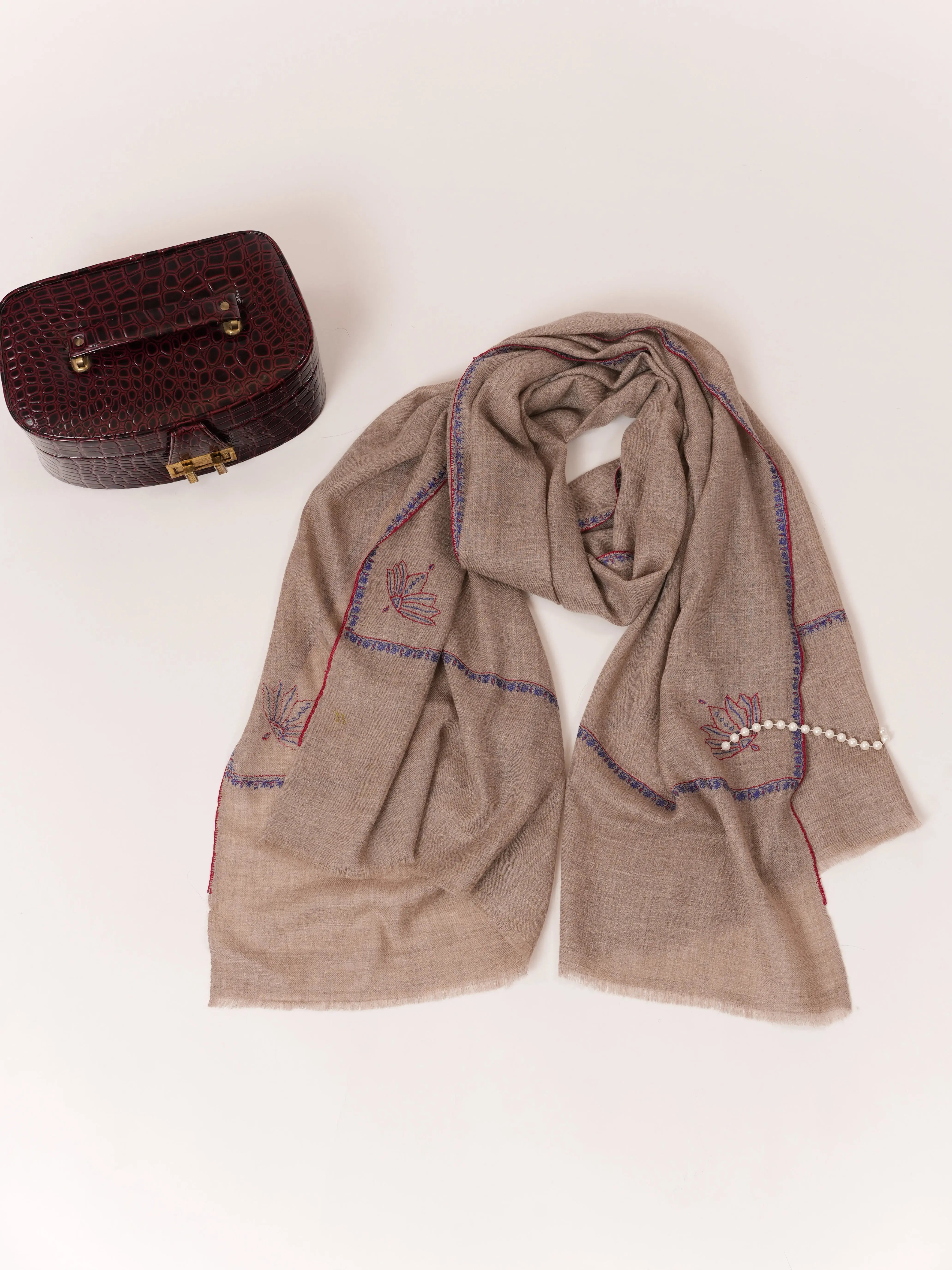 Natural Taupe Featherlight Hand Embroidered Cashmere Scarf Shahkaar.com