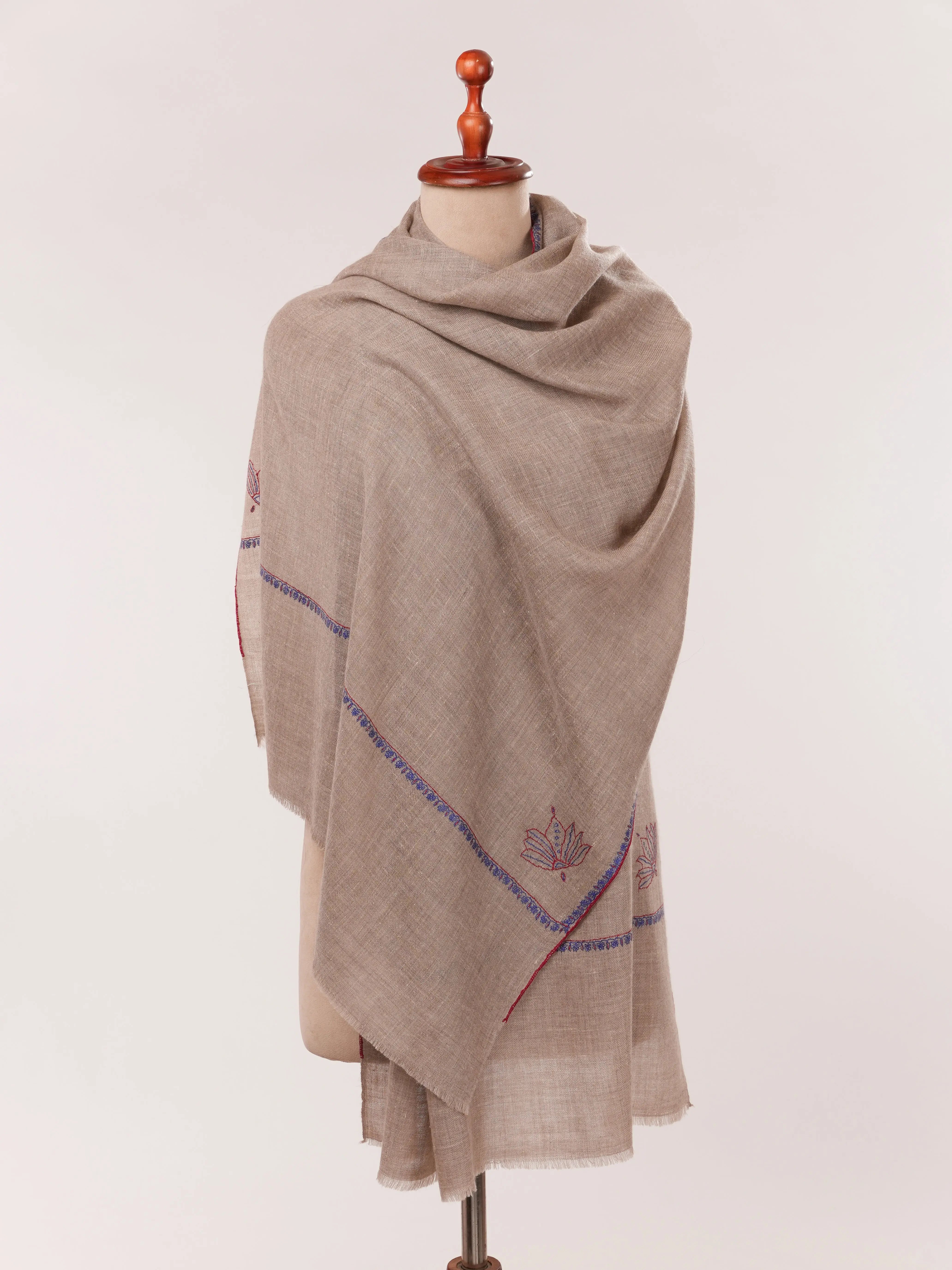 Natural Taupe Featherlight Hand Embroidered Cashmere Scarf Shahkaar.com