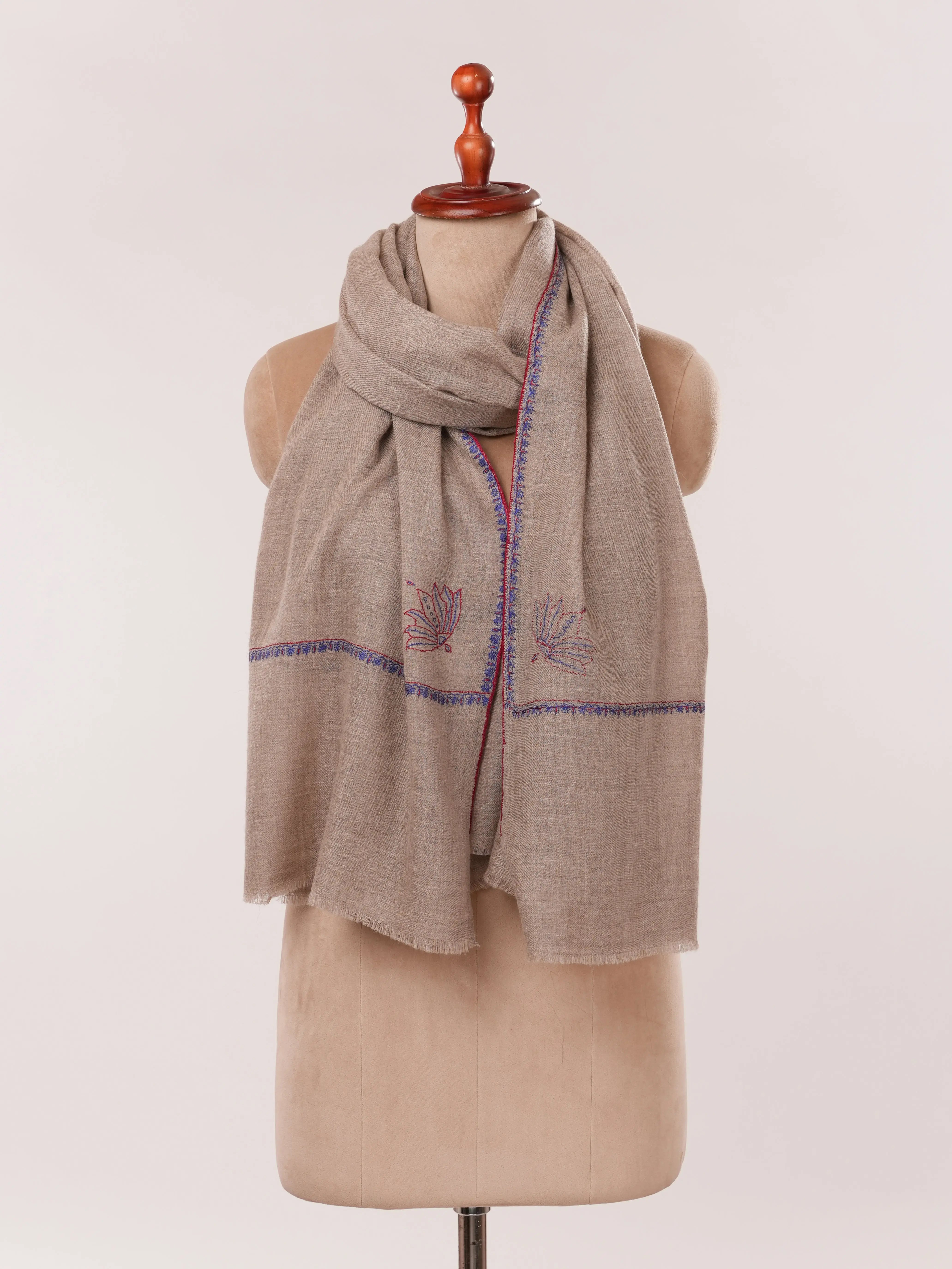 Natural Taupe Featherlight Hand Embroidered Cashmere Scarf Shahkaar.com