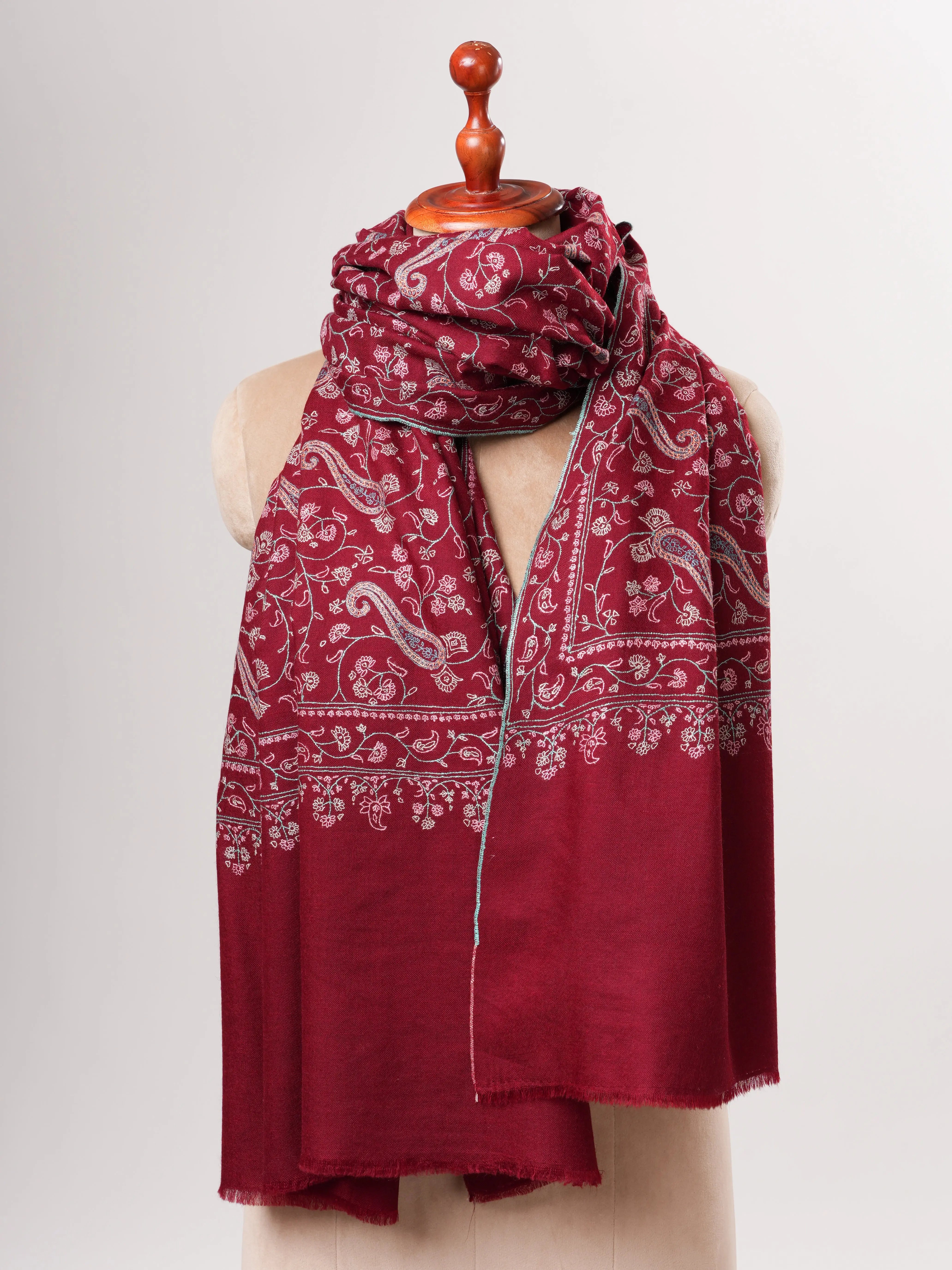 Maroon Kashmiri Pashmina Shawl with Sozni Paisley Embroidery Shahkaar