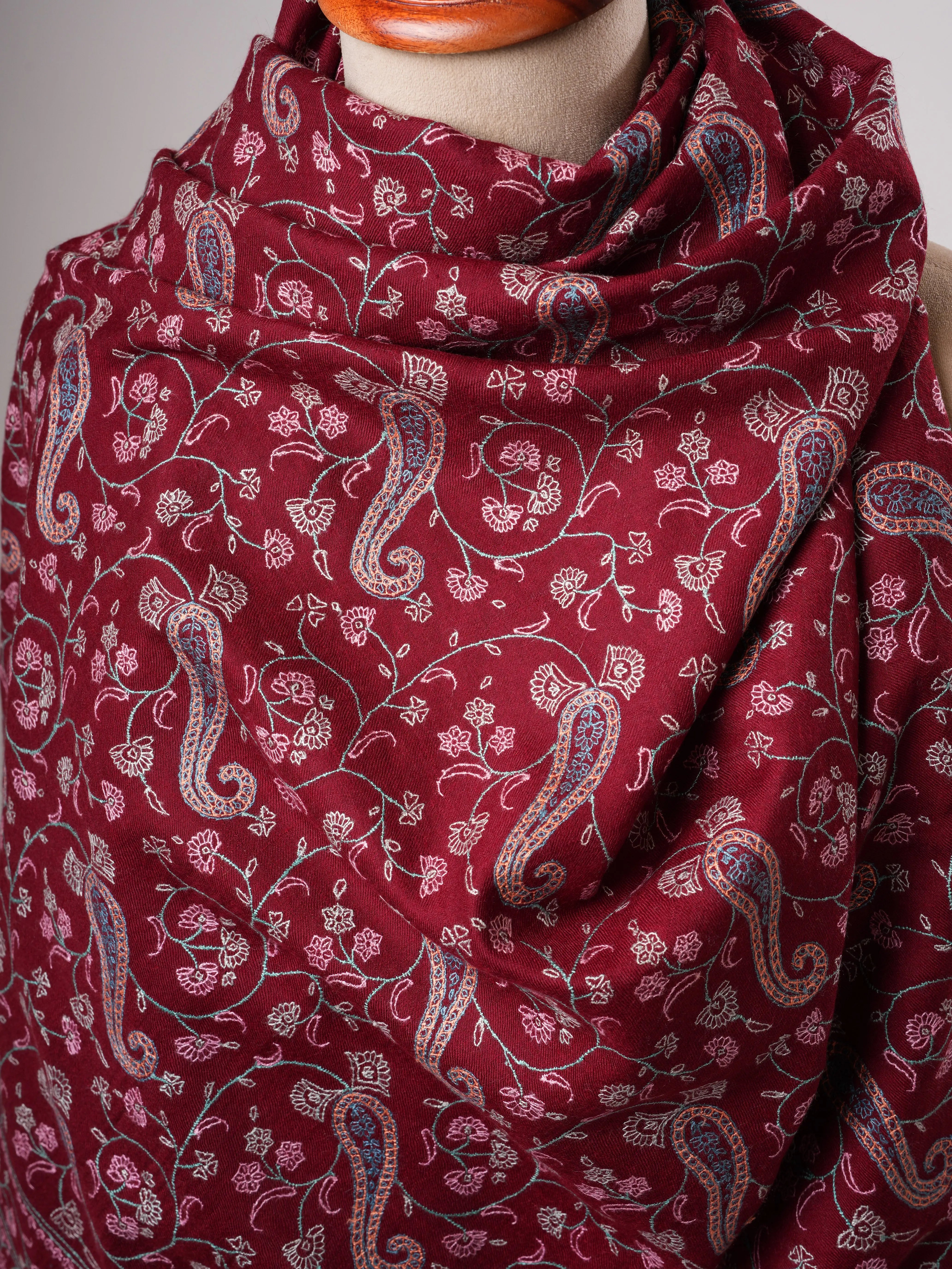 Maroon Kashmiri Pashmina Shawl with Sozni Paisley Embroidery Shahkaar