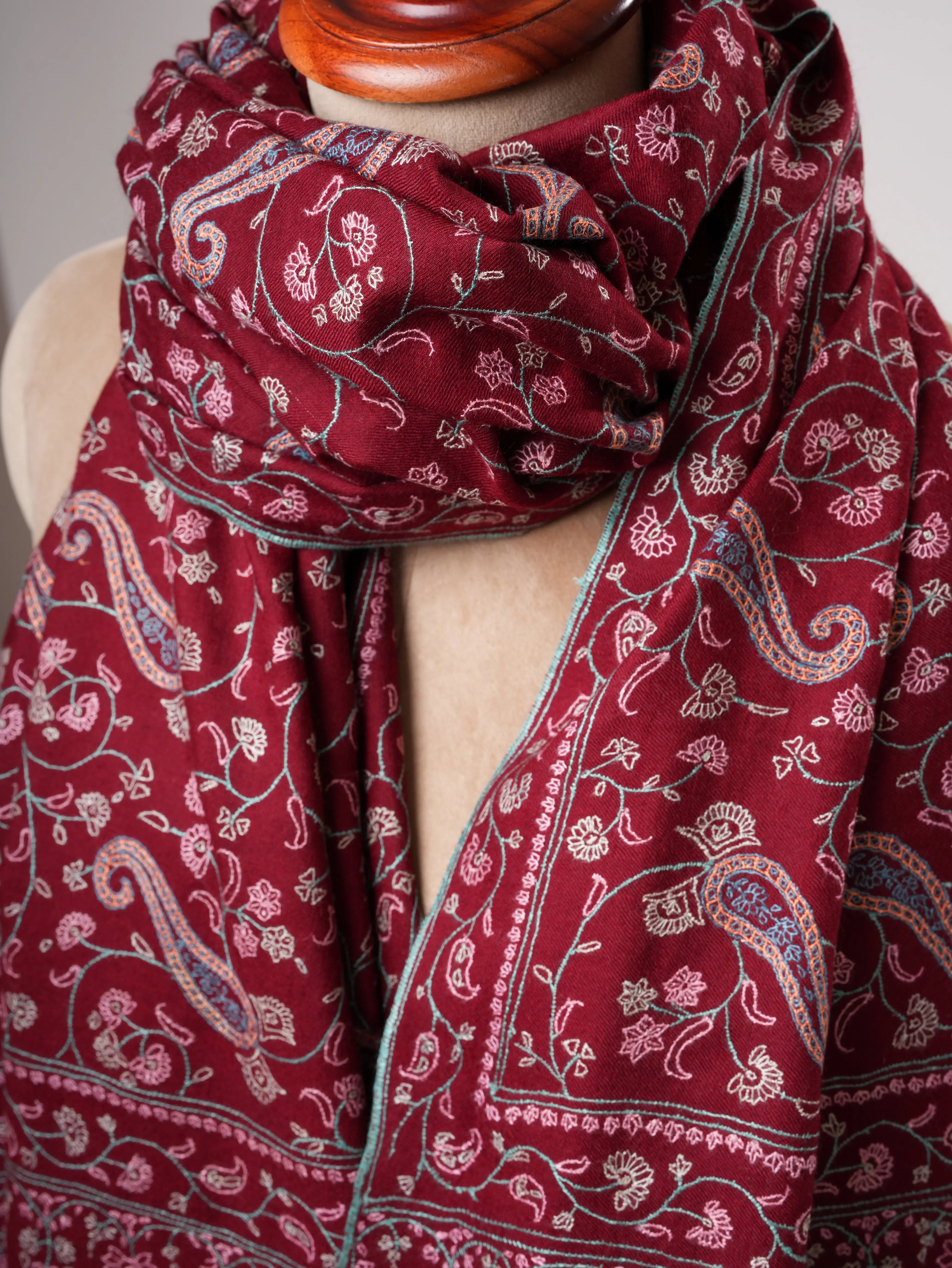 Maroon Kashmiri Pashmina Shawl with Sozni Paisley Embroidery Shahkaar