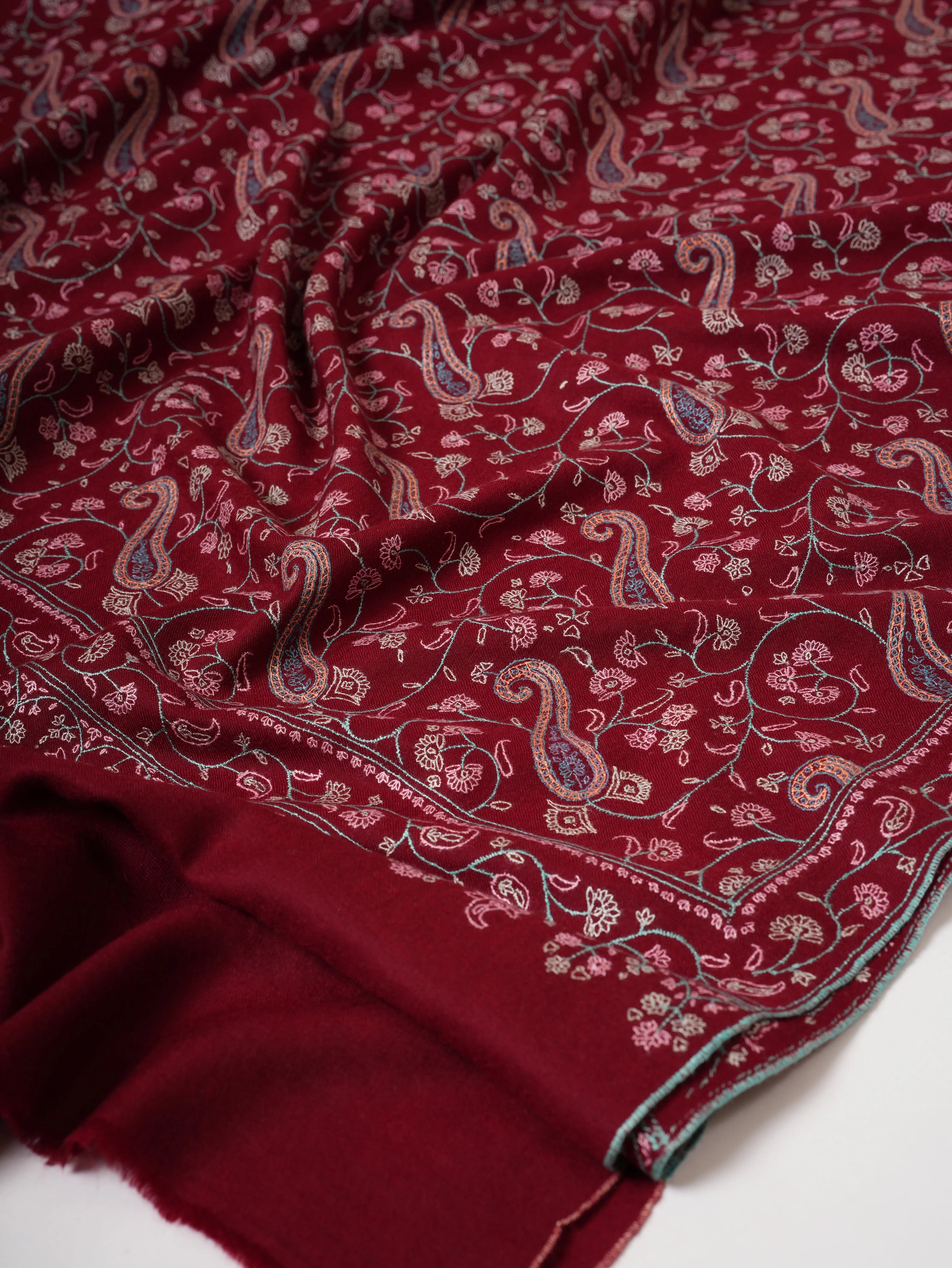 Maroon Kashmiri Pashmina Shawl with Sozni Paisley Embroidery Shahkaar