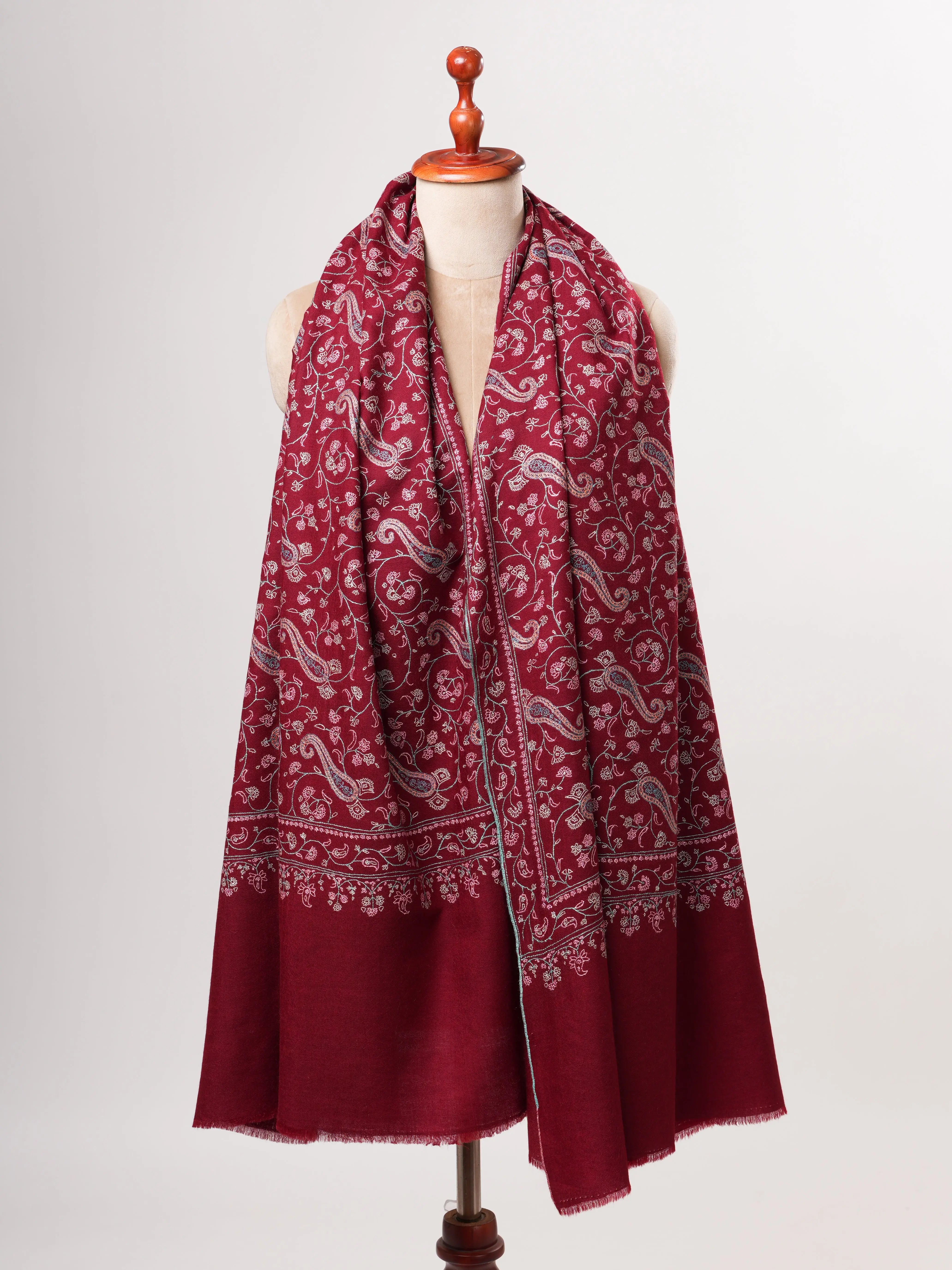 Maroon Kashmiri Pashmina Shawl with Sozni Paisley Embroidery Shahkaar