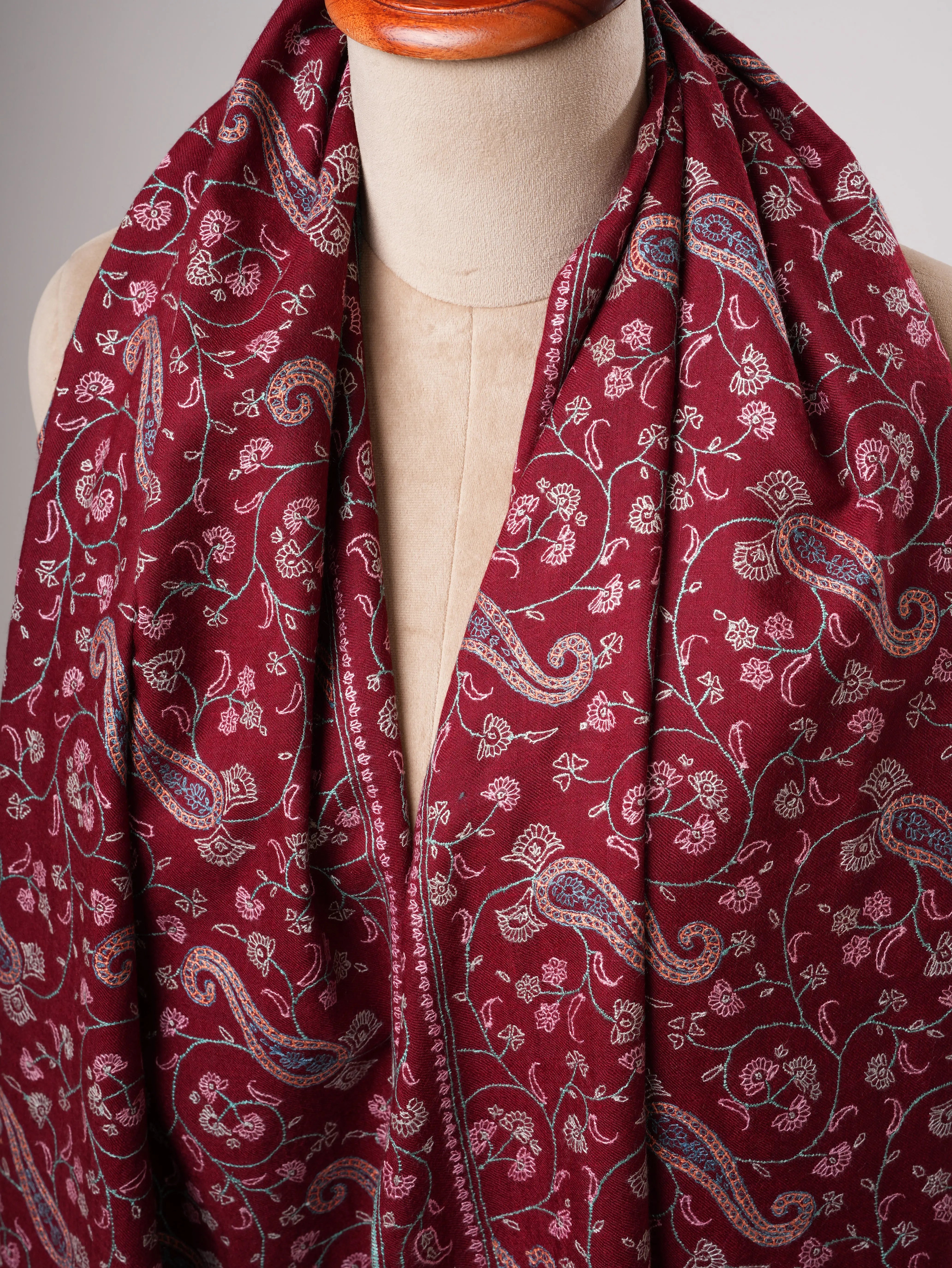 Maroon Kashmiri Pashmina Shawl with Sozni Paisley Embroidery Shahkaar