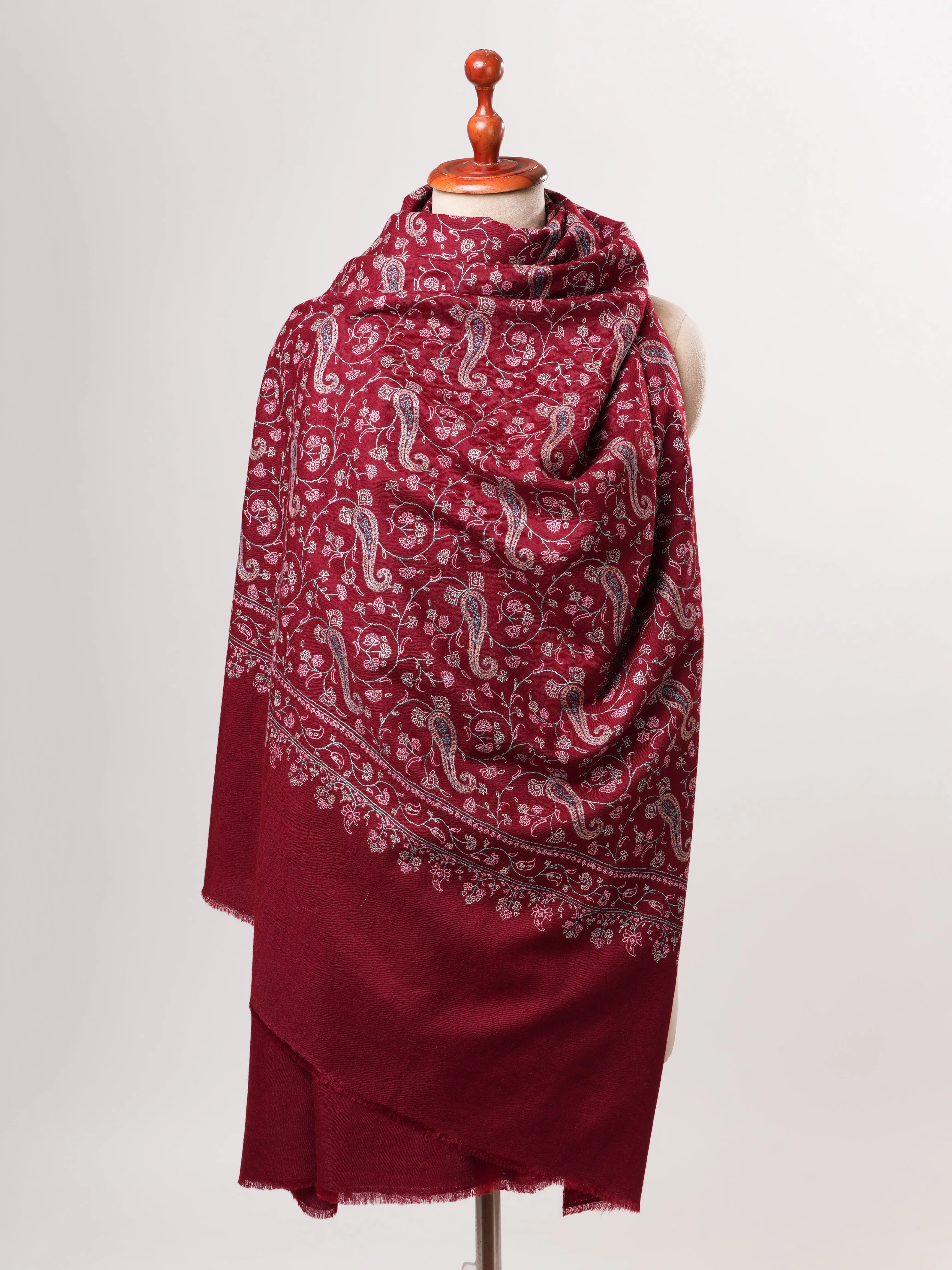 Maroon Kashmiri Pashmina Shawl with Sozni Paisley Embroidery Shahkaar