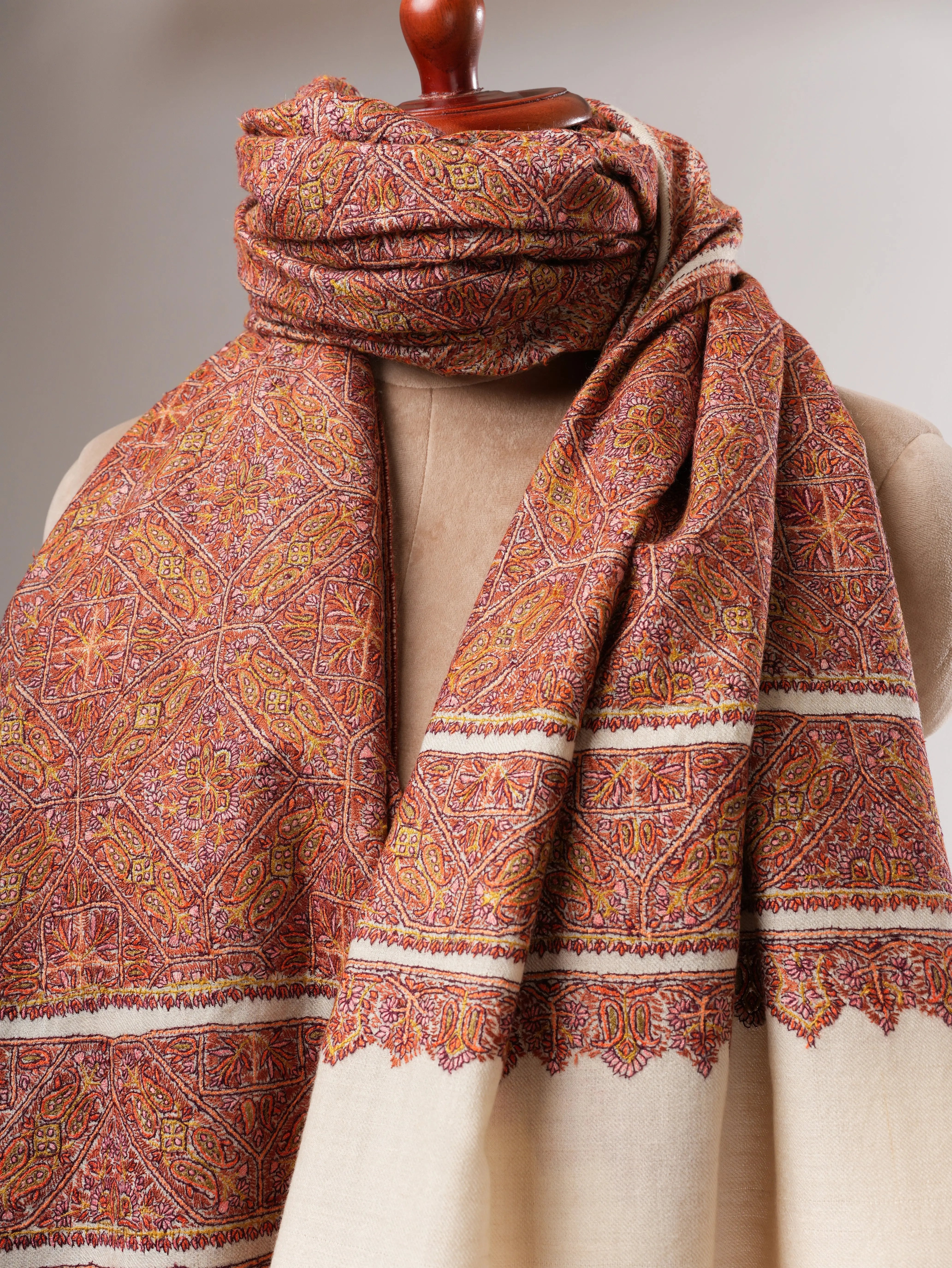 Ivory Classic Jamavar Pashmina Shawl with Intricate Sozni Hand Embroidery Shahkaar