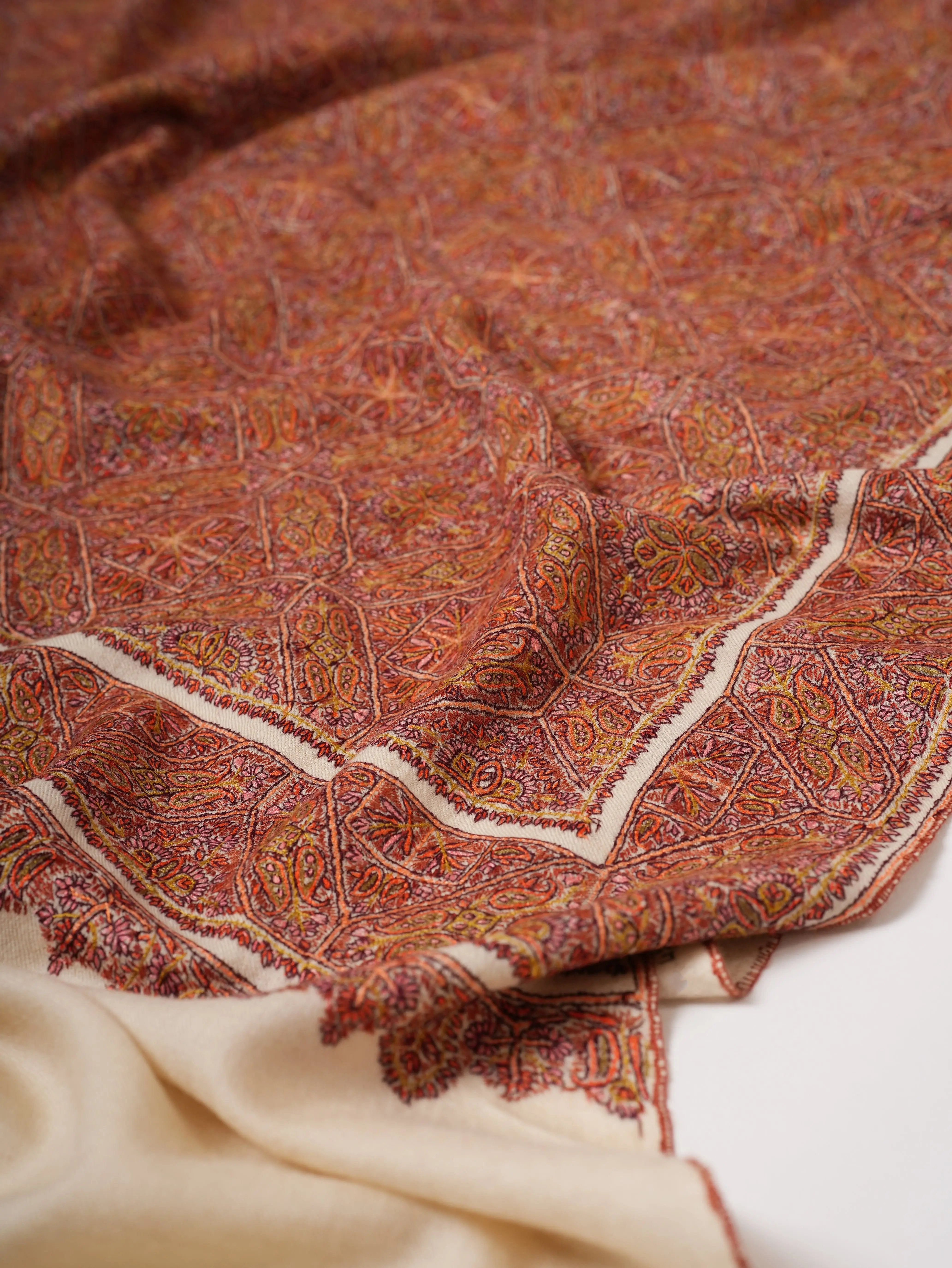 Ivory Classic Jamavar Pashmina Shawl with Intricate Sozni Hand Embroidery Shahkaar