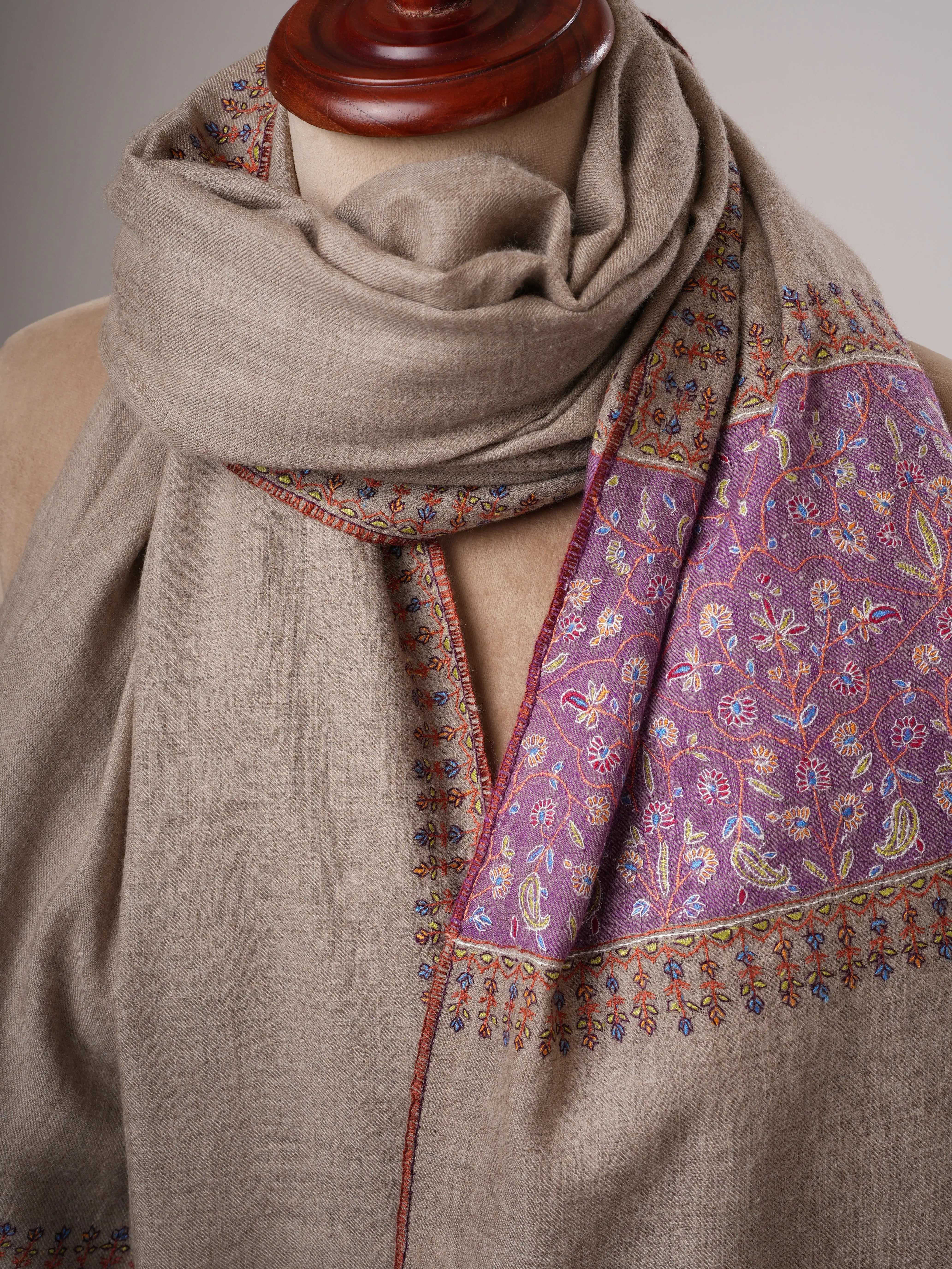Natural Grey Baby Soft Pashmina Shawl – Sozni Palla Hand Embroidery Shahkaar