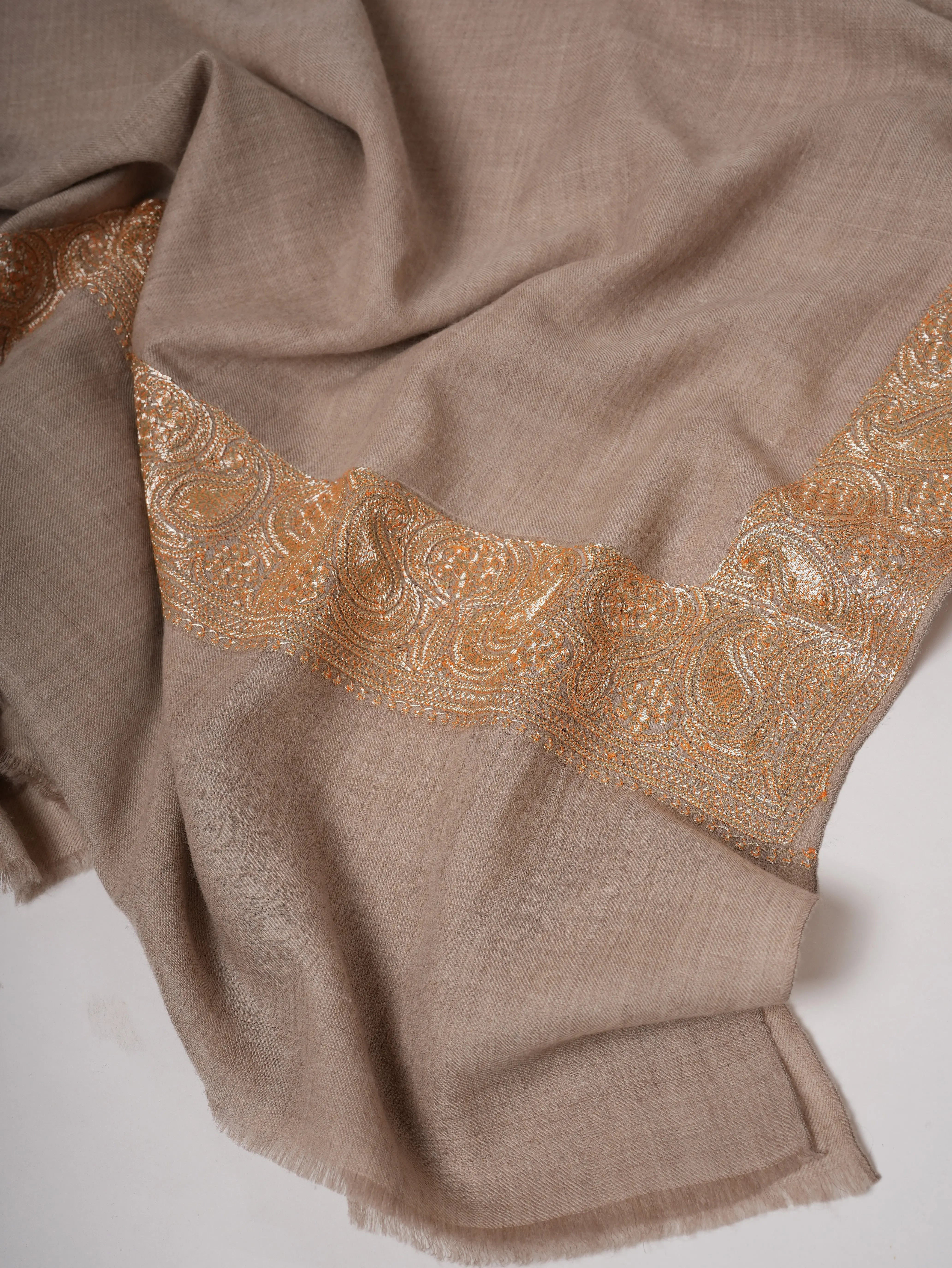 Natural Grey Daurdar Handloomed Pashmina Shawl with Gold Tilla Embroidery Shahkaar