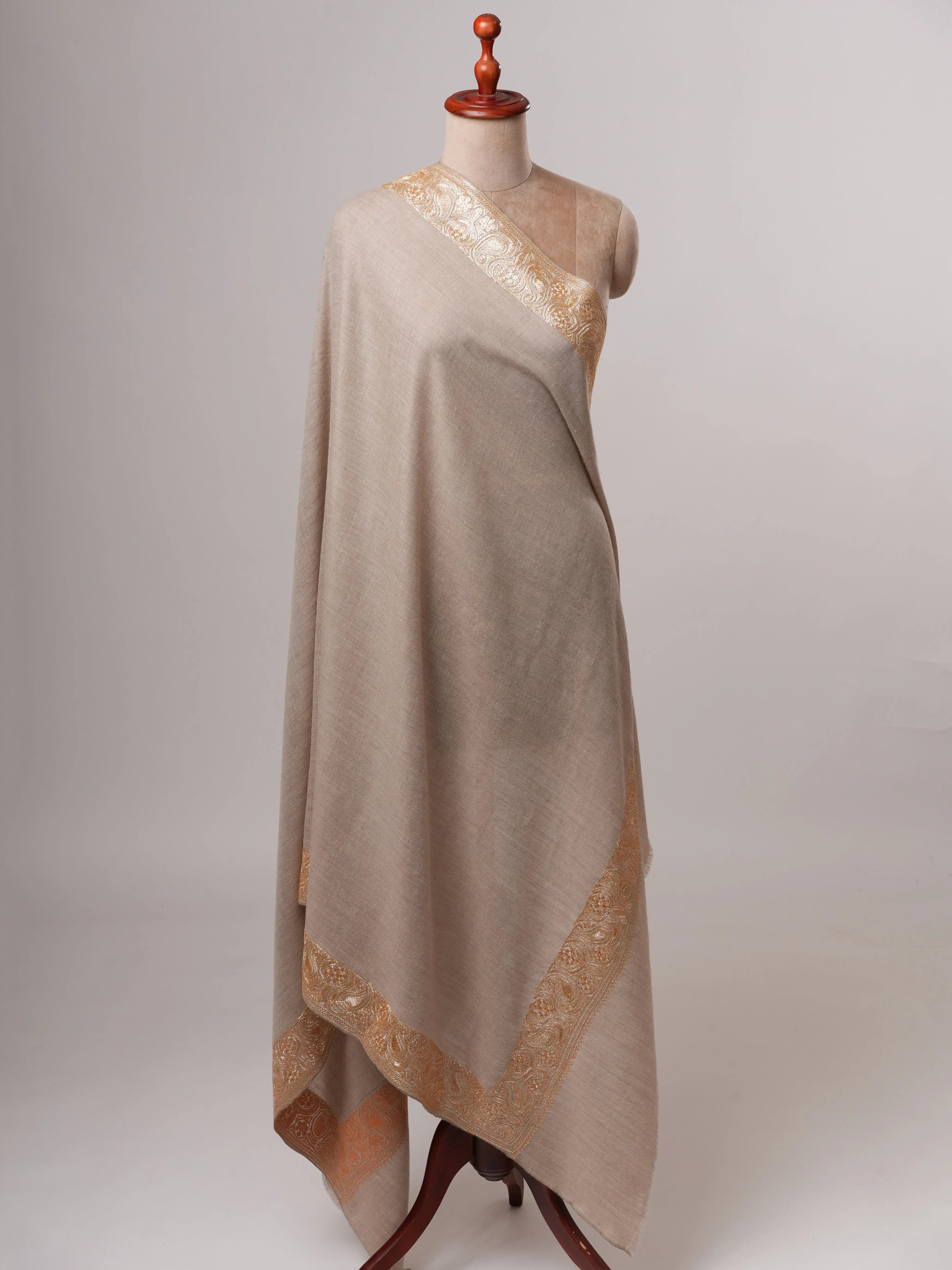 Natural Grey Daurdar Handloomed Pashmina Shawl with Gold Tilla Embroidery Shahkaar