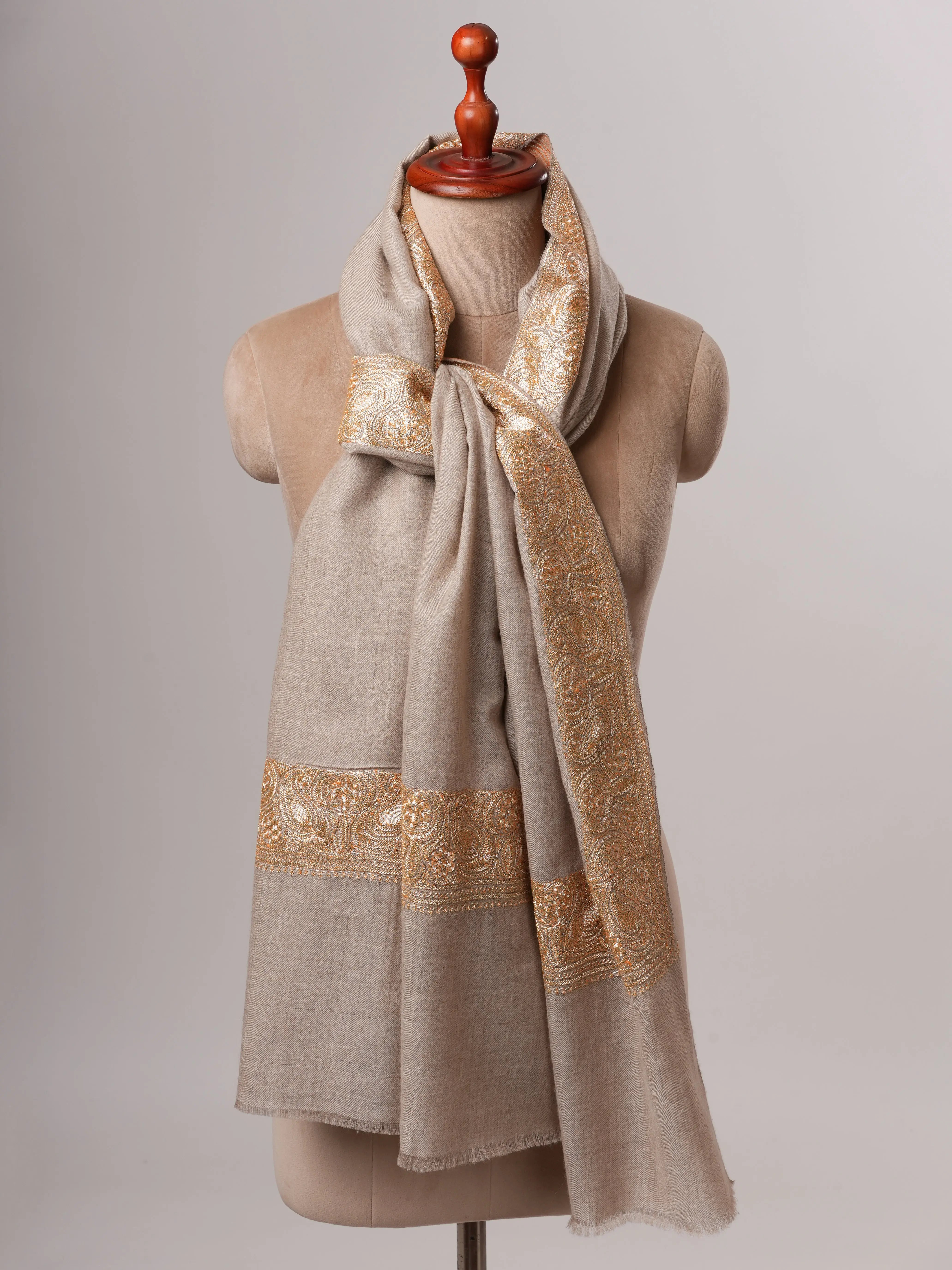 Natural Grey Daurdar Handloomed Pashmina Shawl with Gold Tilla Embroidery Shahkaar