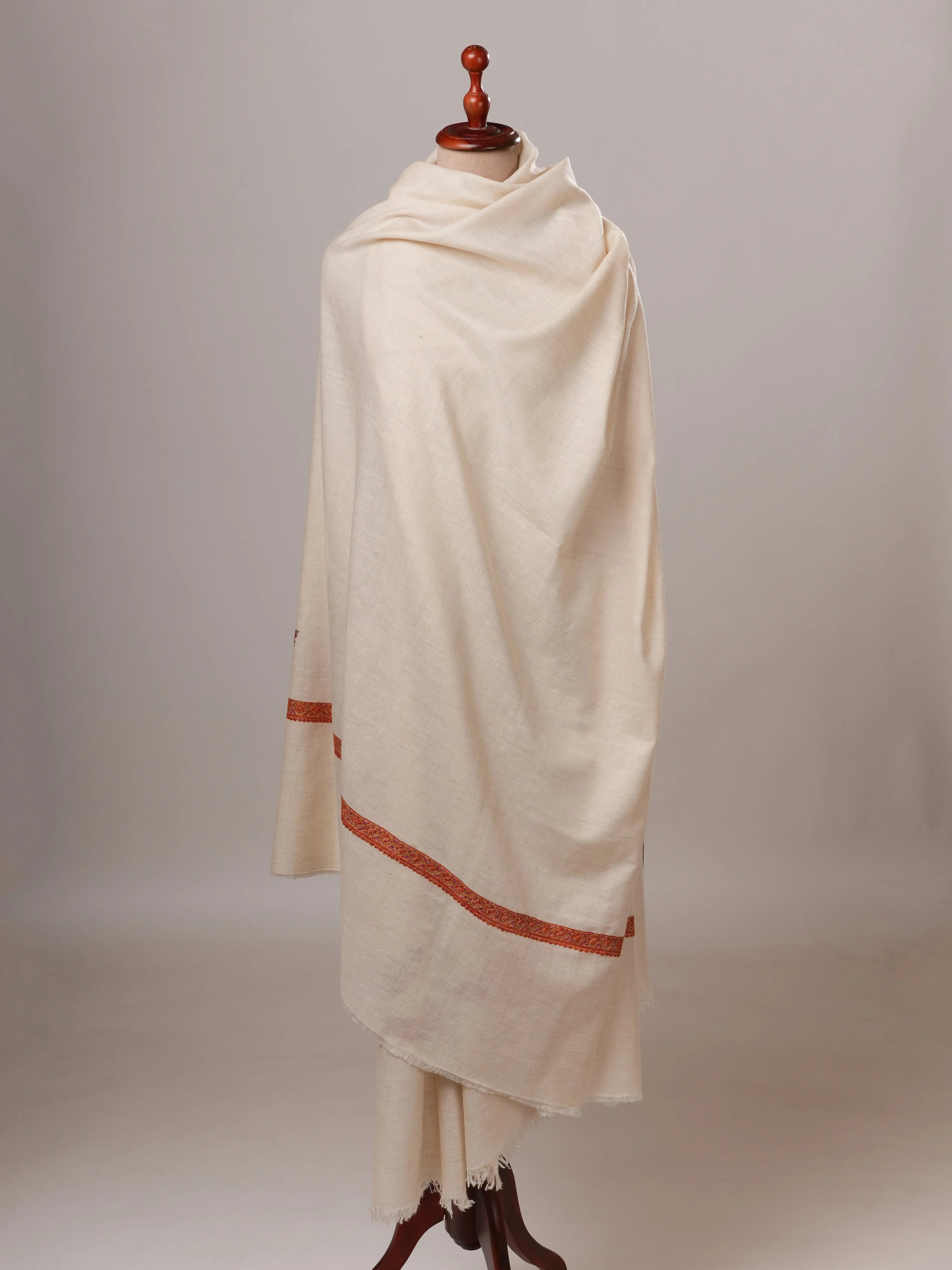 Natural White Hand Embroidered Hashia Oversized Pashmina Shawl Shahkaar Global