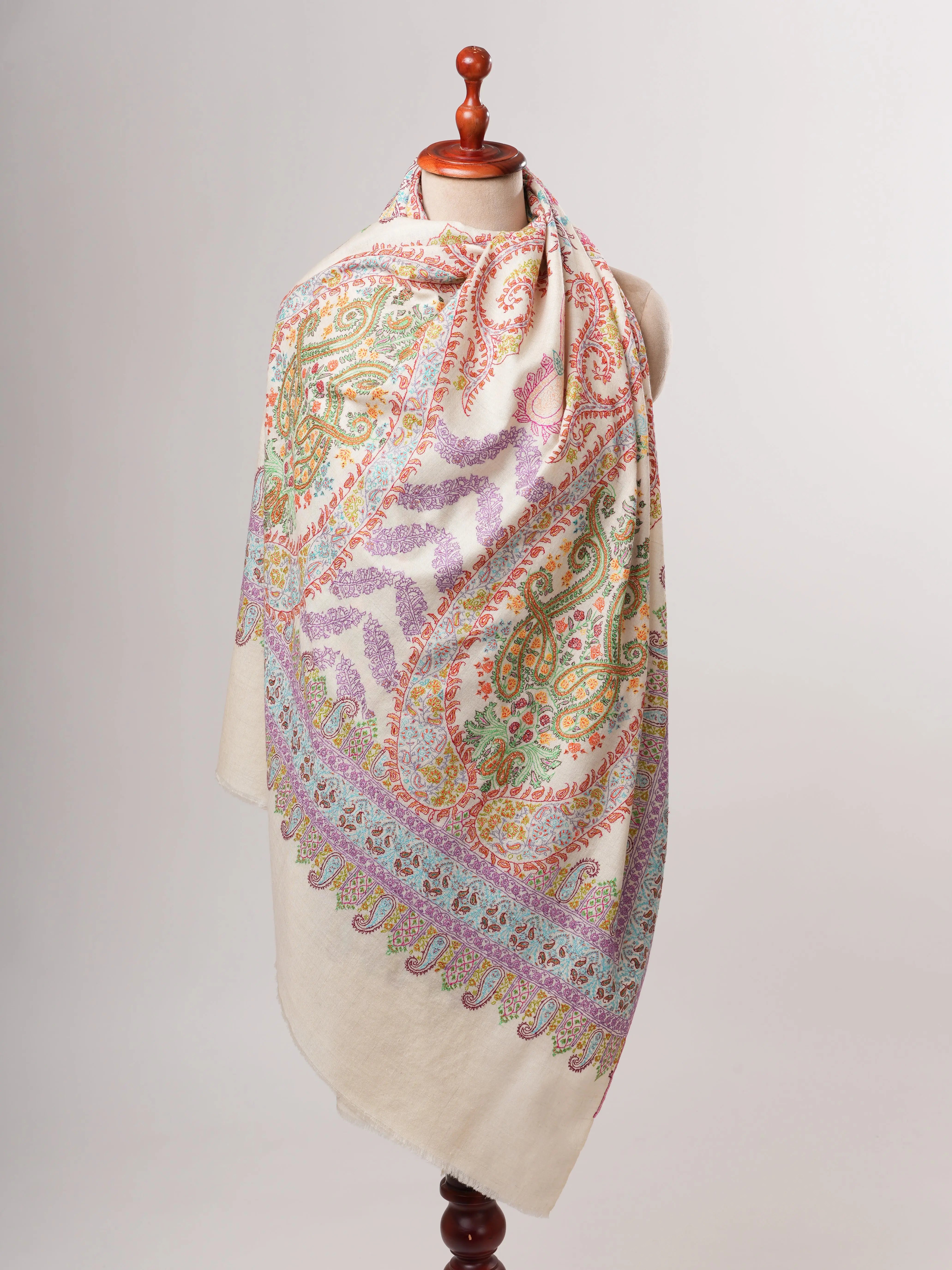 Natural Ivory Pashmina Shawl with Vivid Hand Embroidery Shahkaar