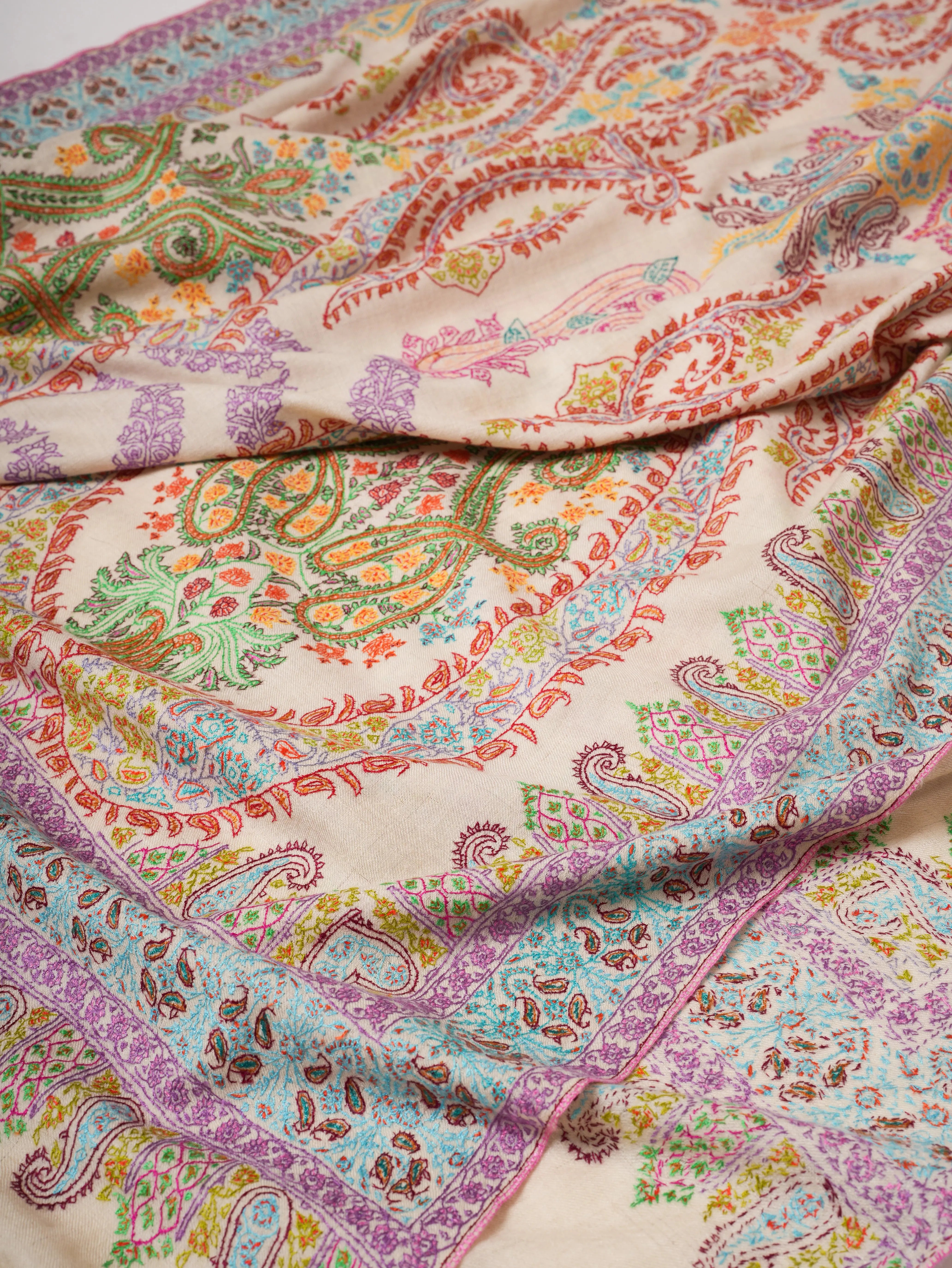 Natural Ivory Pashmina Shawl with Vivid Hand Embroidery Shahkaar