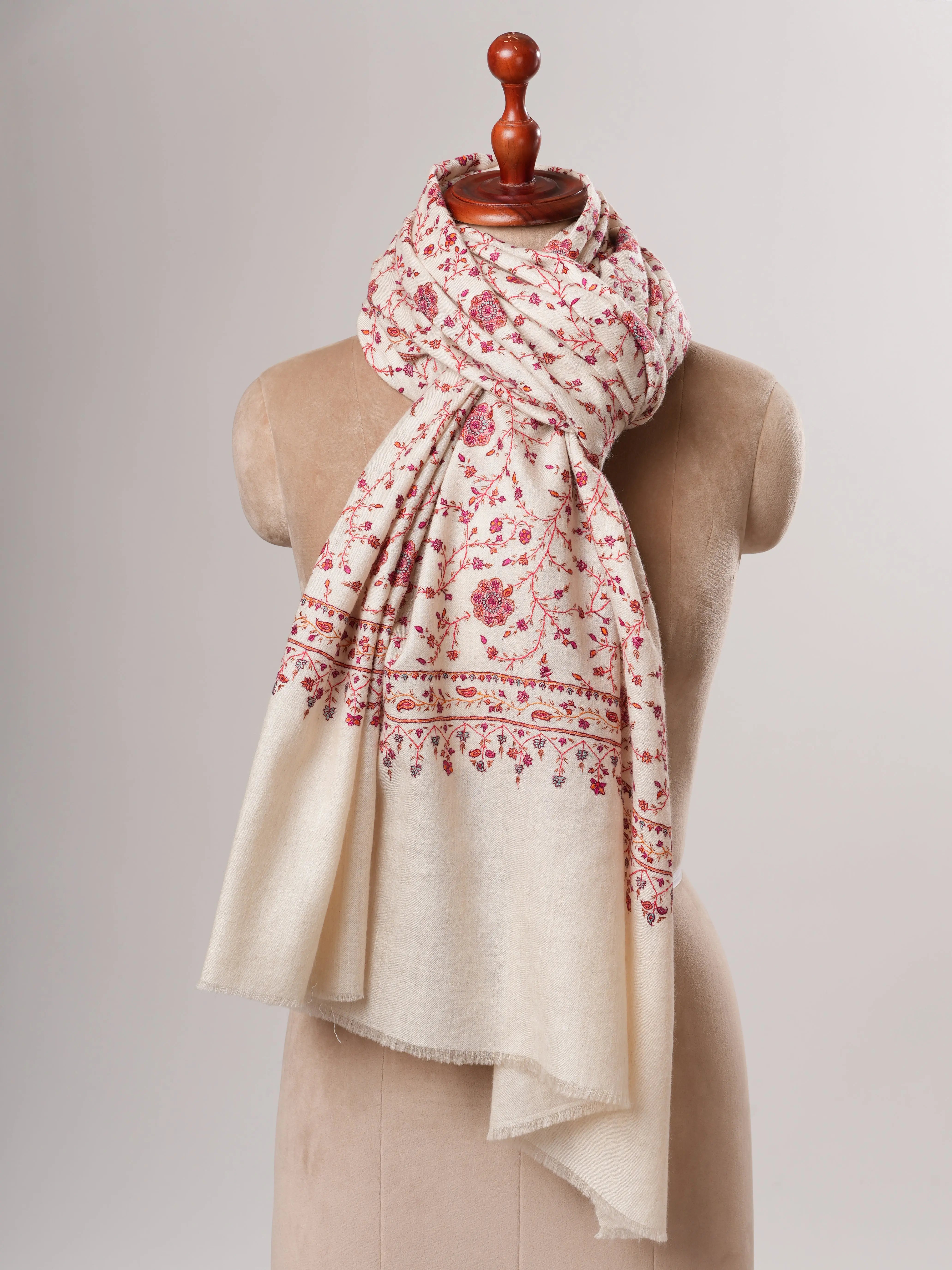 Natural Ivory Pashmina Shawl with Classic Sozni Embroidery Shahkaar