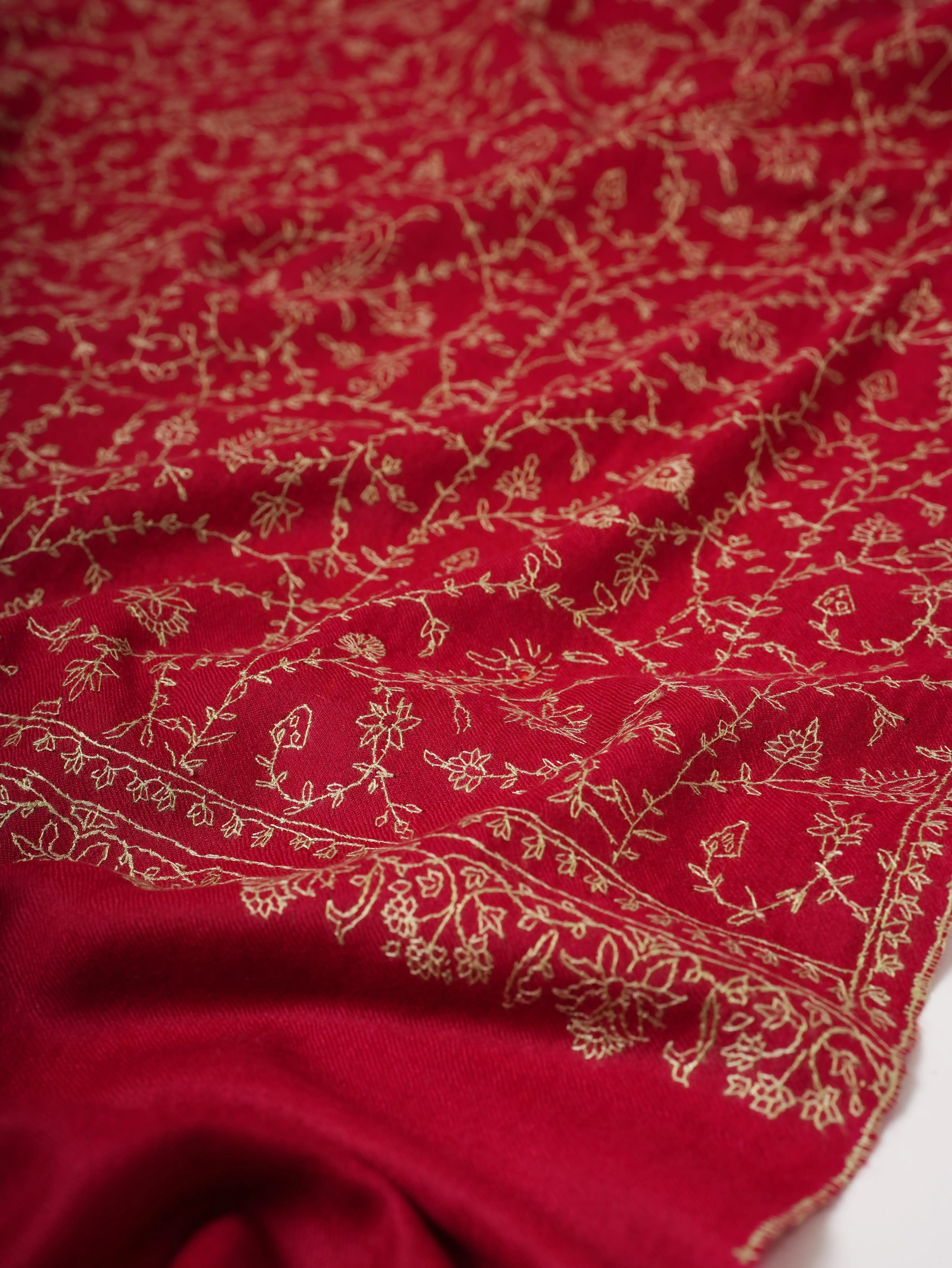 Red Cashmere Scarf with Hand-Embroidered Sozni Jali Shahkaar