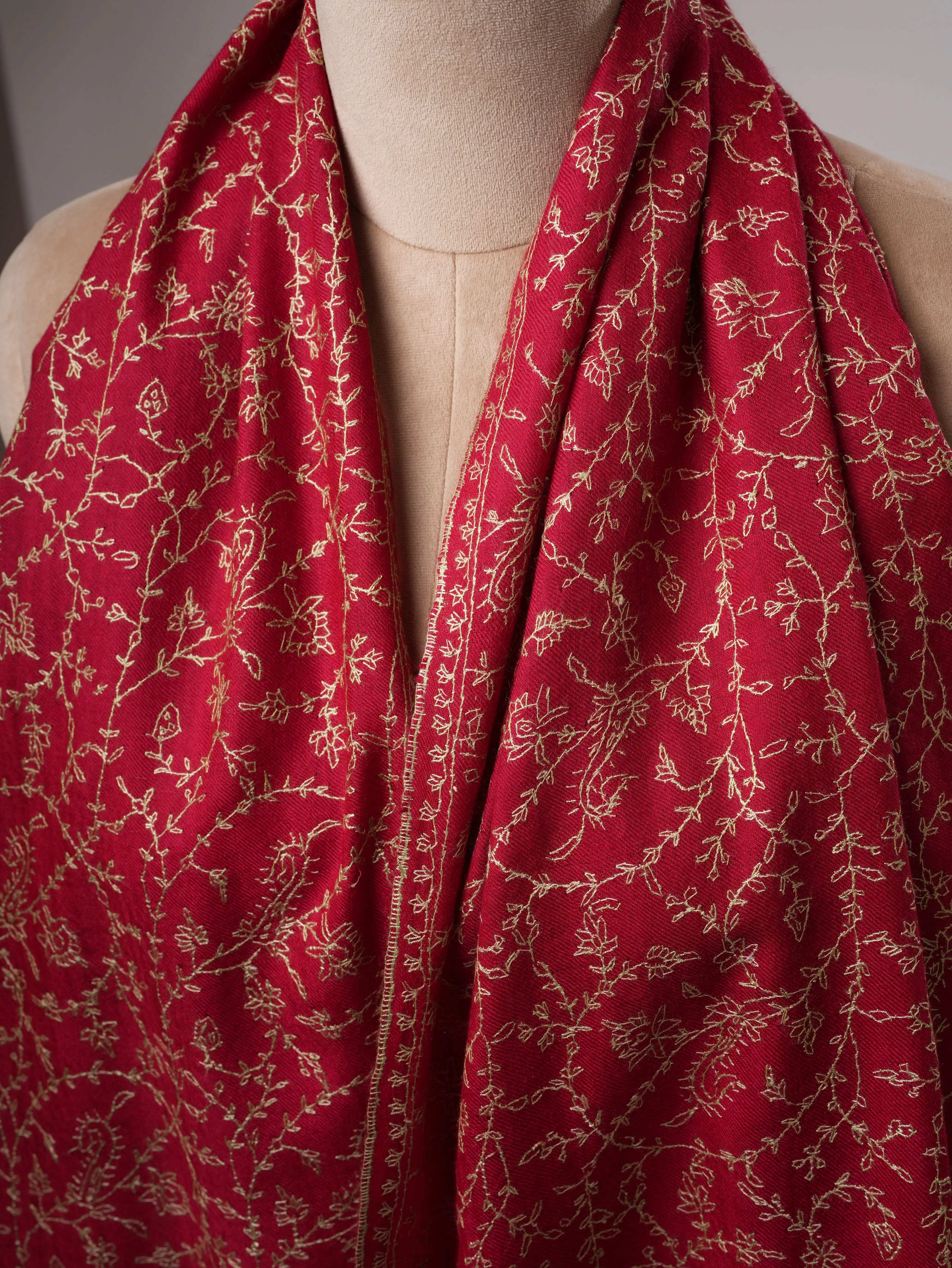 Red Cashmere Scarf with Hand-Embroidered Sozni Jali Shahkaar