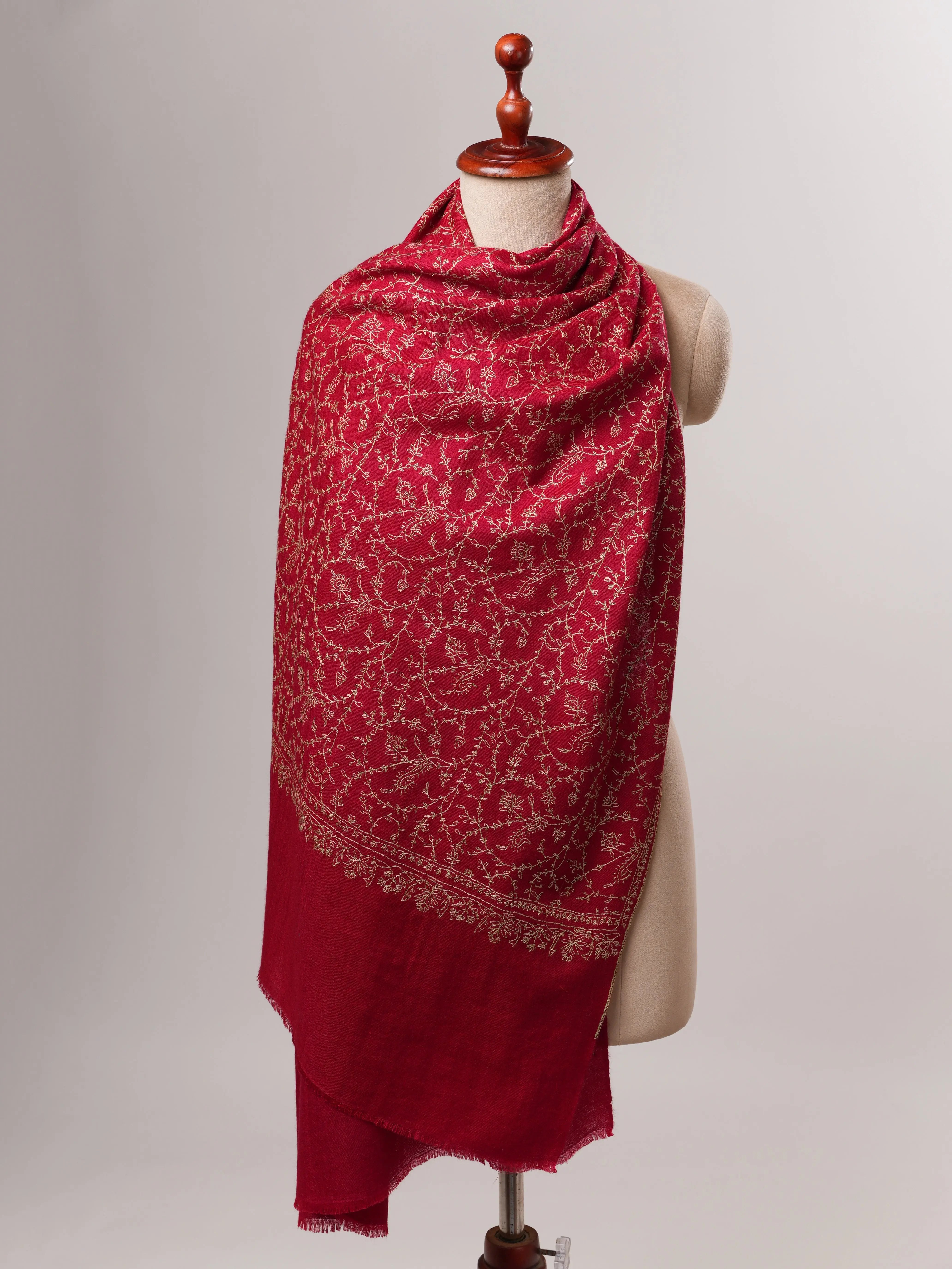 Red Cashmere Scarf with Hand-Embroidered Sozni Jali Shahkaar