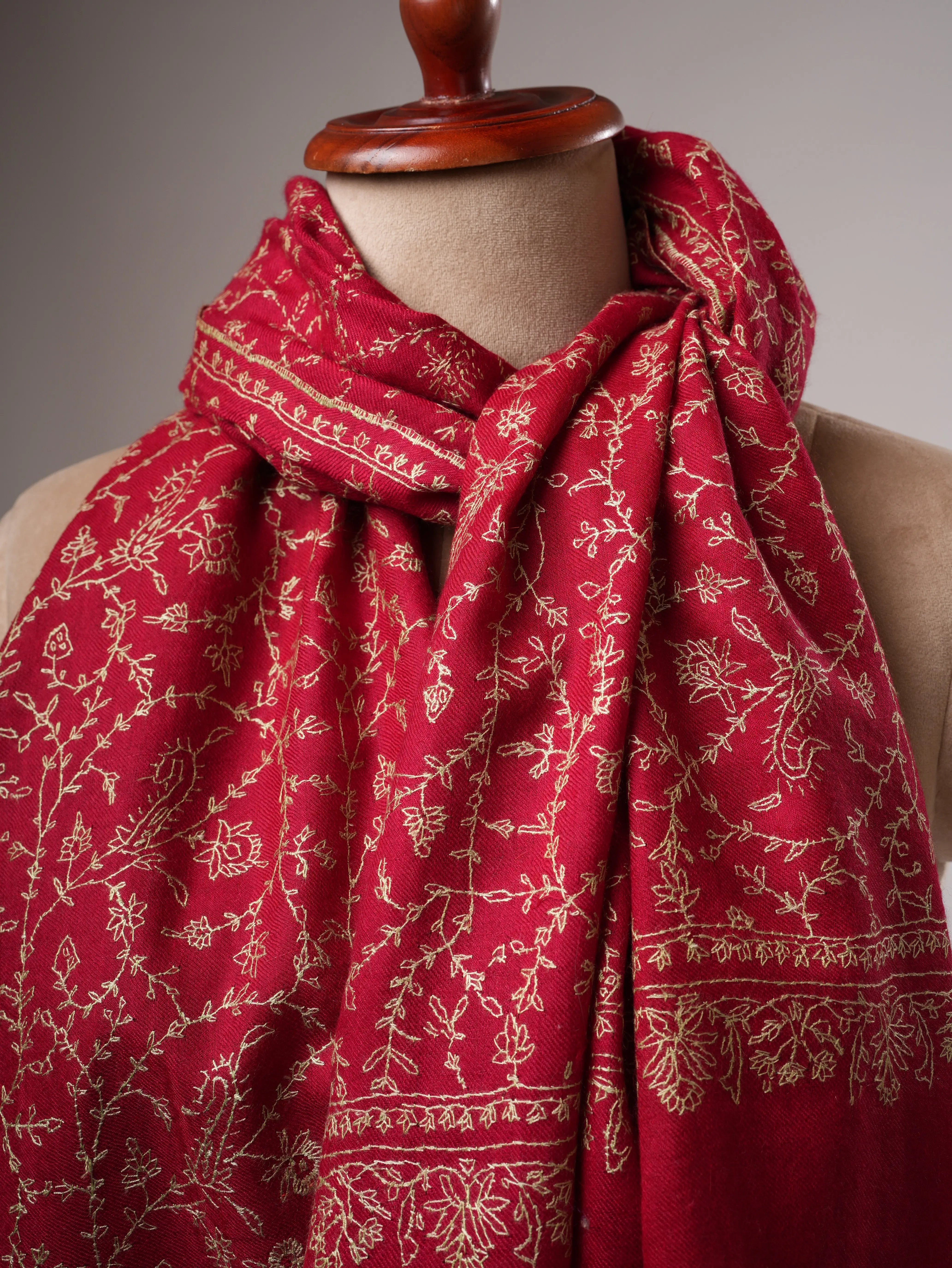 Red Cashmere Scarf with Hand-Embroidered Sozni Jali Shahkaar