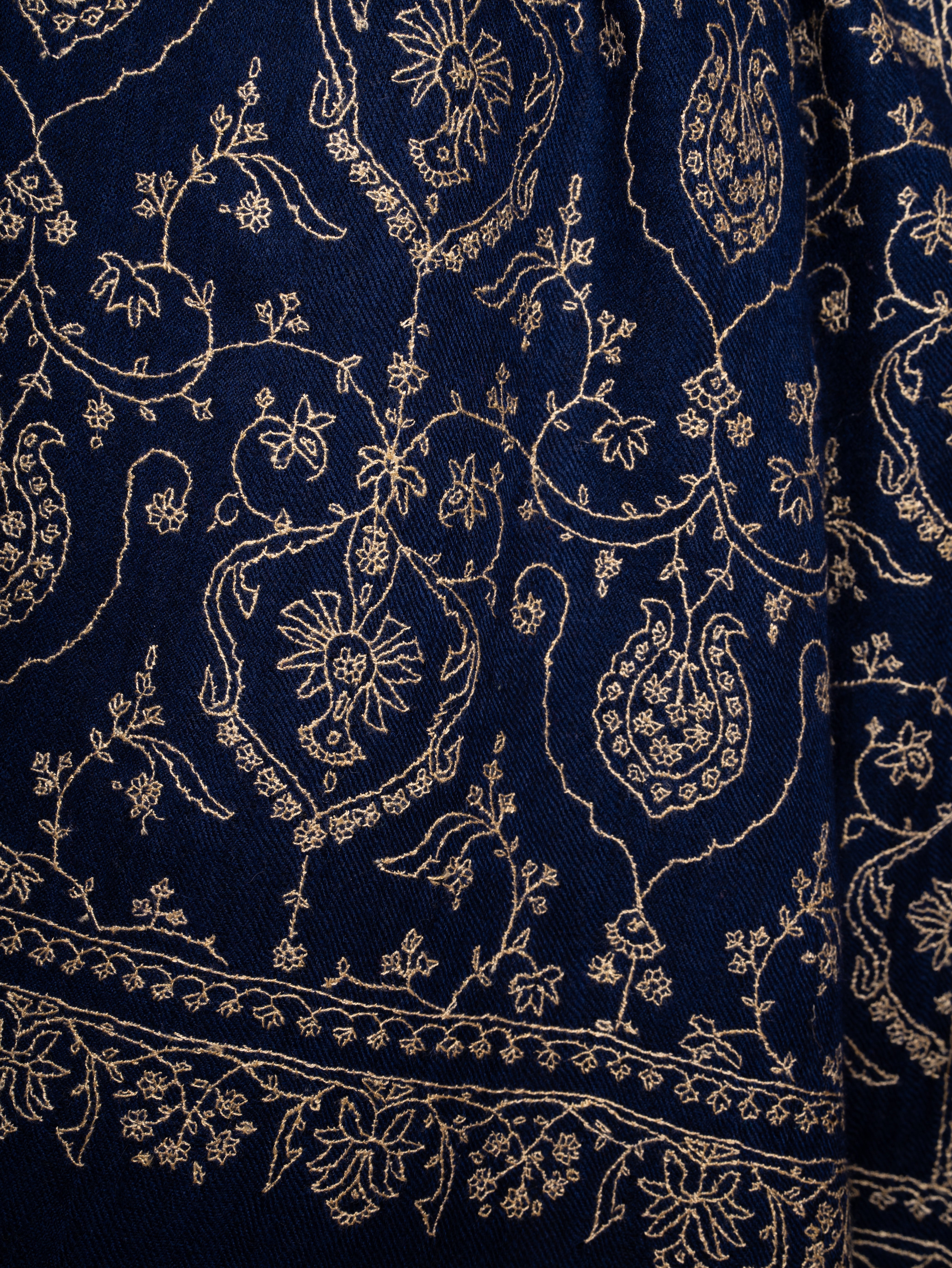 Dark Blue Handloomed Cashmere Scarf All Over Jaali Hand Embroidery Shahkaar