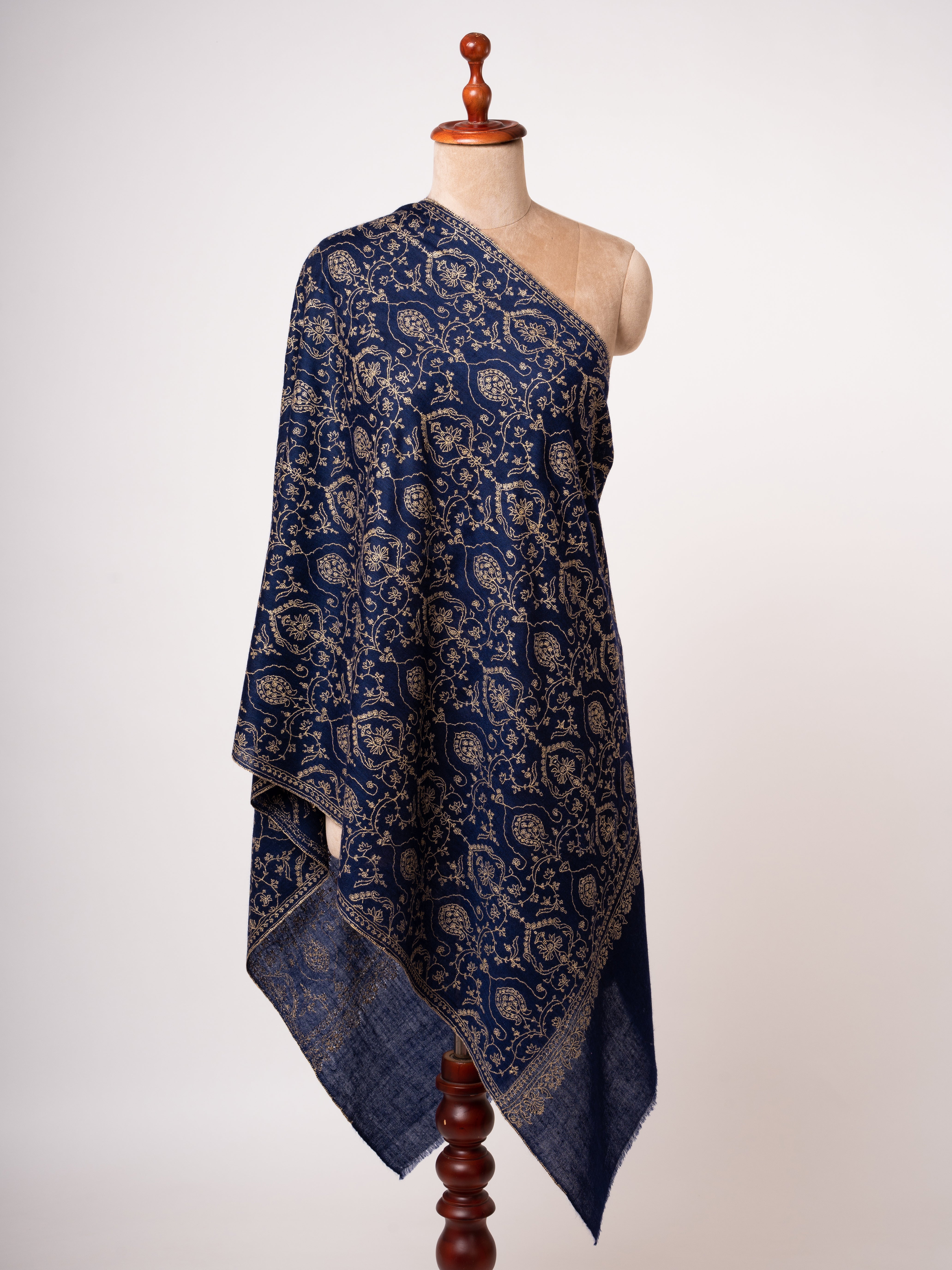 Dark Blue Handloomed Cashmere Scarf All Over Jaali Hand Embroidery Shahkaar