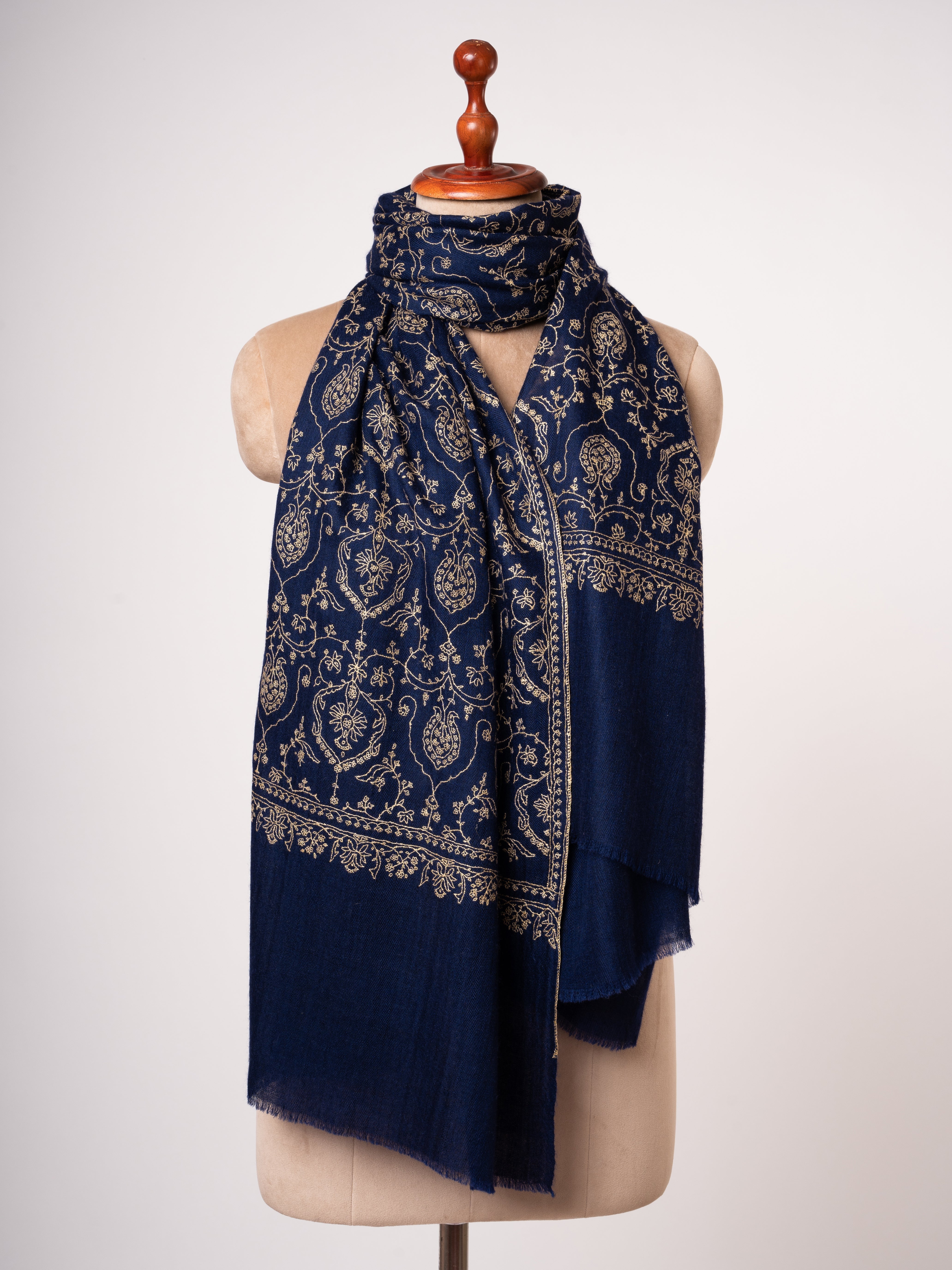 Navy Blue Handloomed Cashmere Scarf All Over Jaali Hand Embroidery Shahkaar
