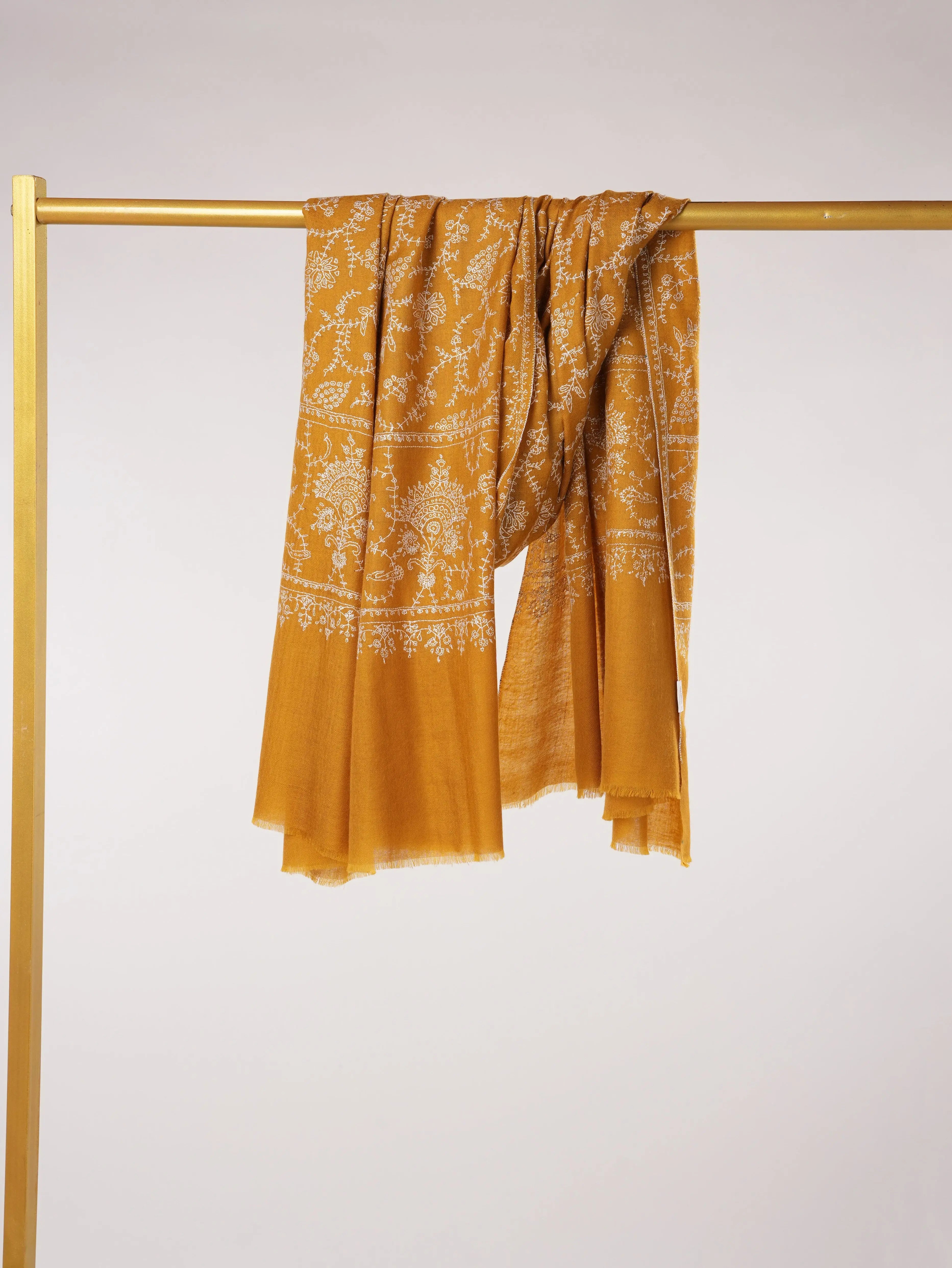 Mustard Jali Pashmina Shawl Handwoven in Kashmir with Hand Embroidery Shahkaar.com