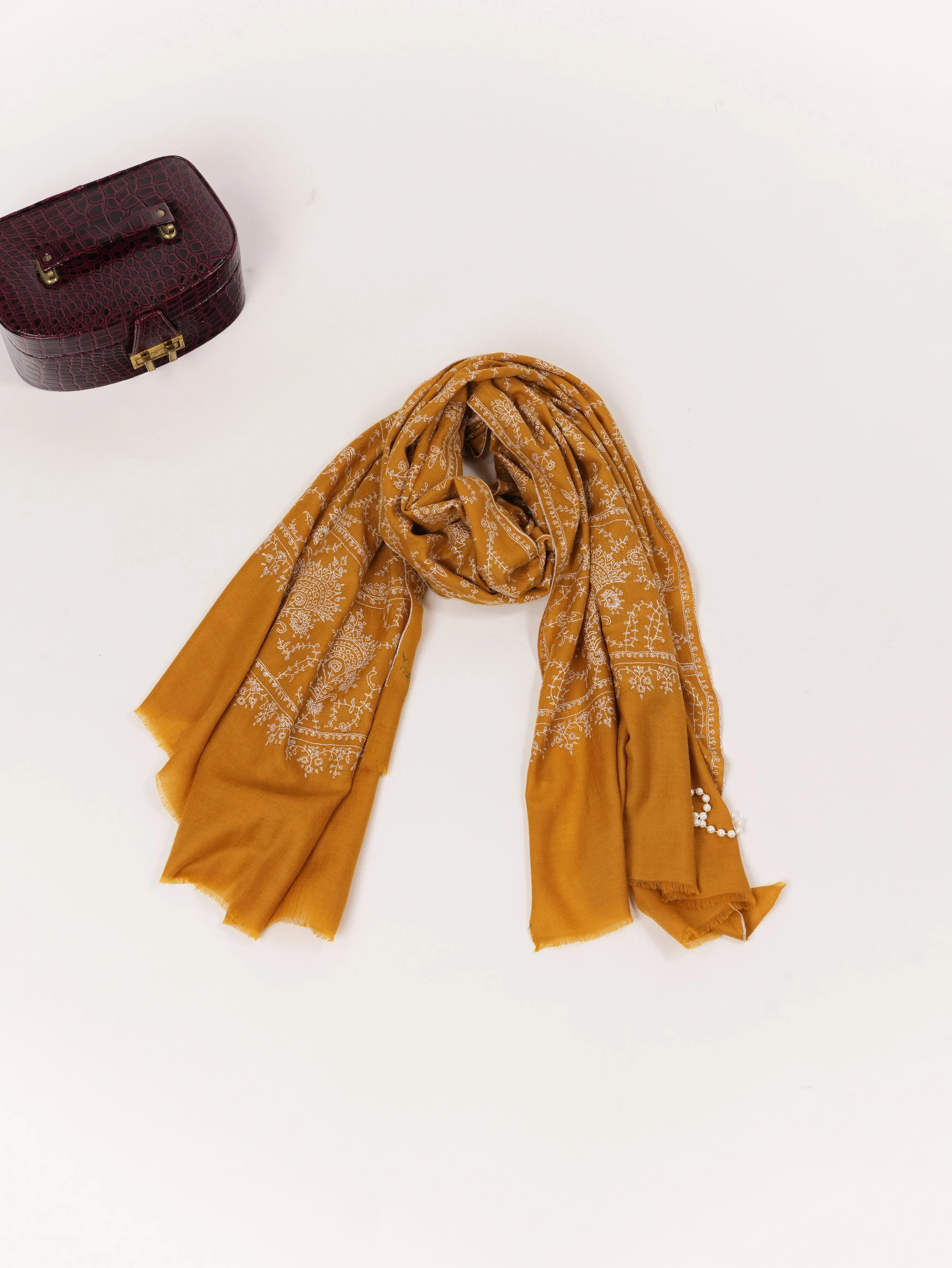 Mustard Jali Pashmina Shawl Handwoven in Kashmir with Hand Embroidery Shahkaar.com