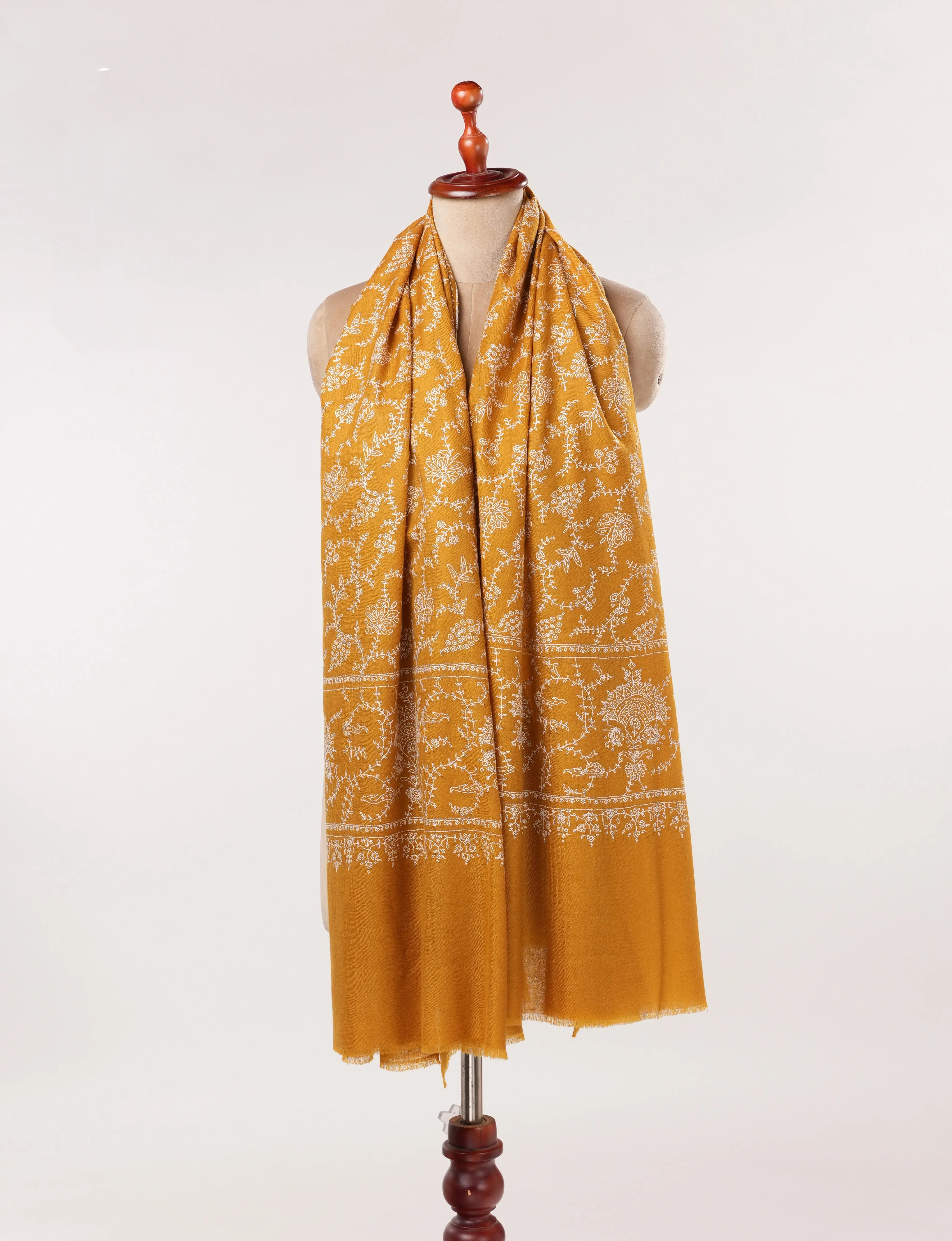Mustard Jali Pashmina Shawl Handwoven in Kashmir with Hand Embroidery Shahkaar.com