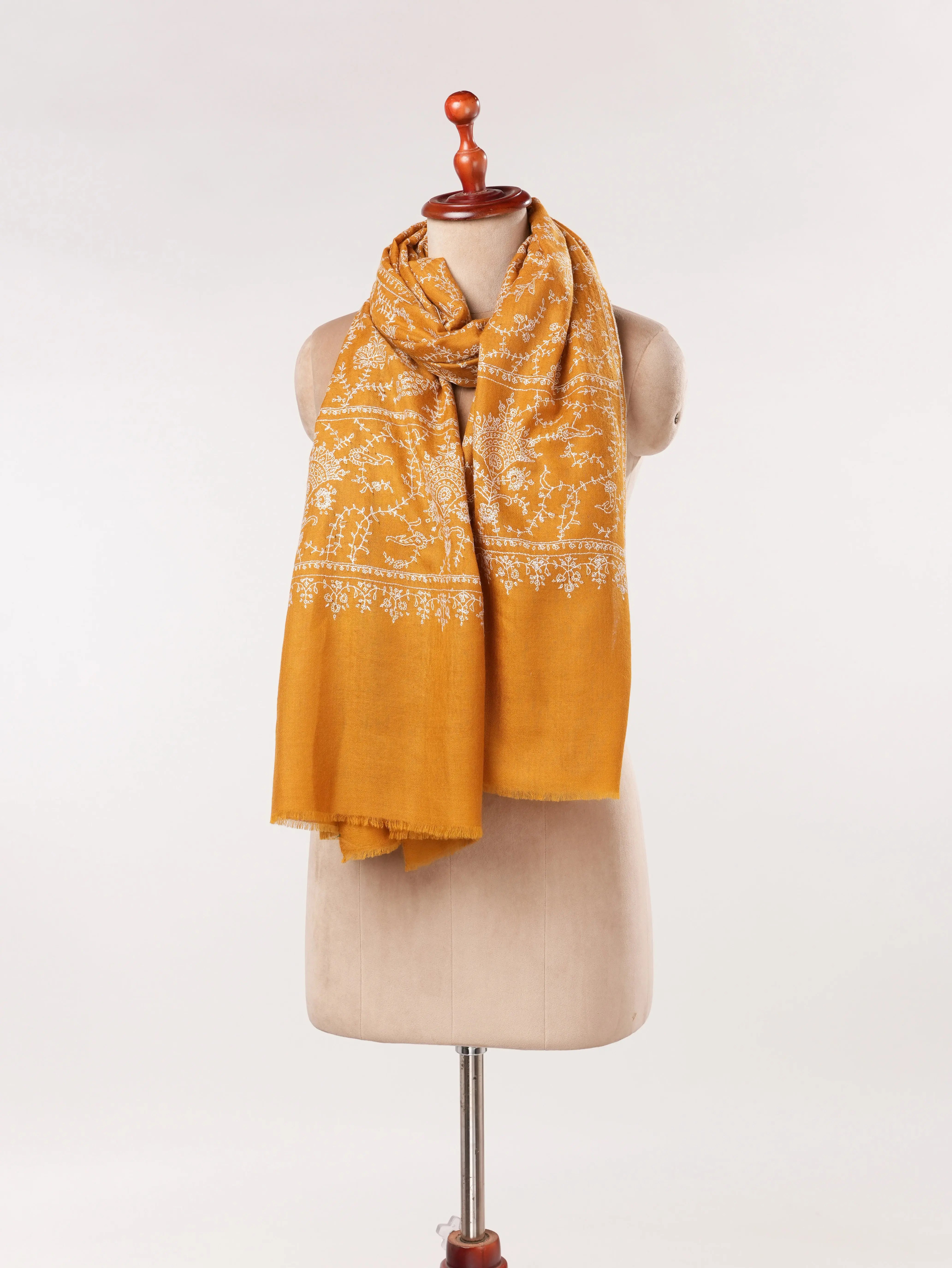 Mustard Jali Pashmina Shawl Handwoven in Kashmir with Hand Embroidery Shahkaar.com