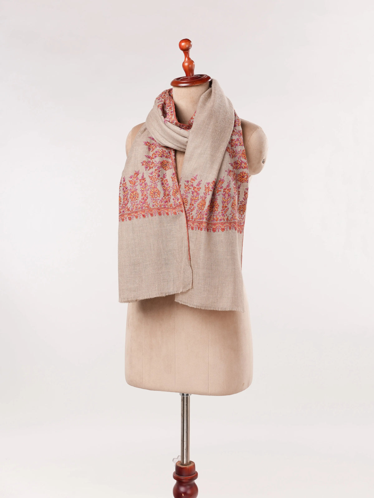 Sozni Daurdar Embroidered Natural Taupe Feather Light Pashmina Shawl Shahkaar.com
