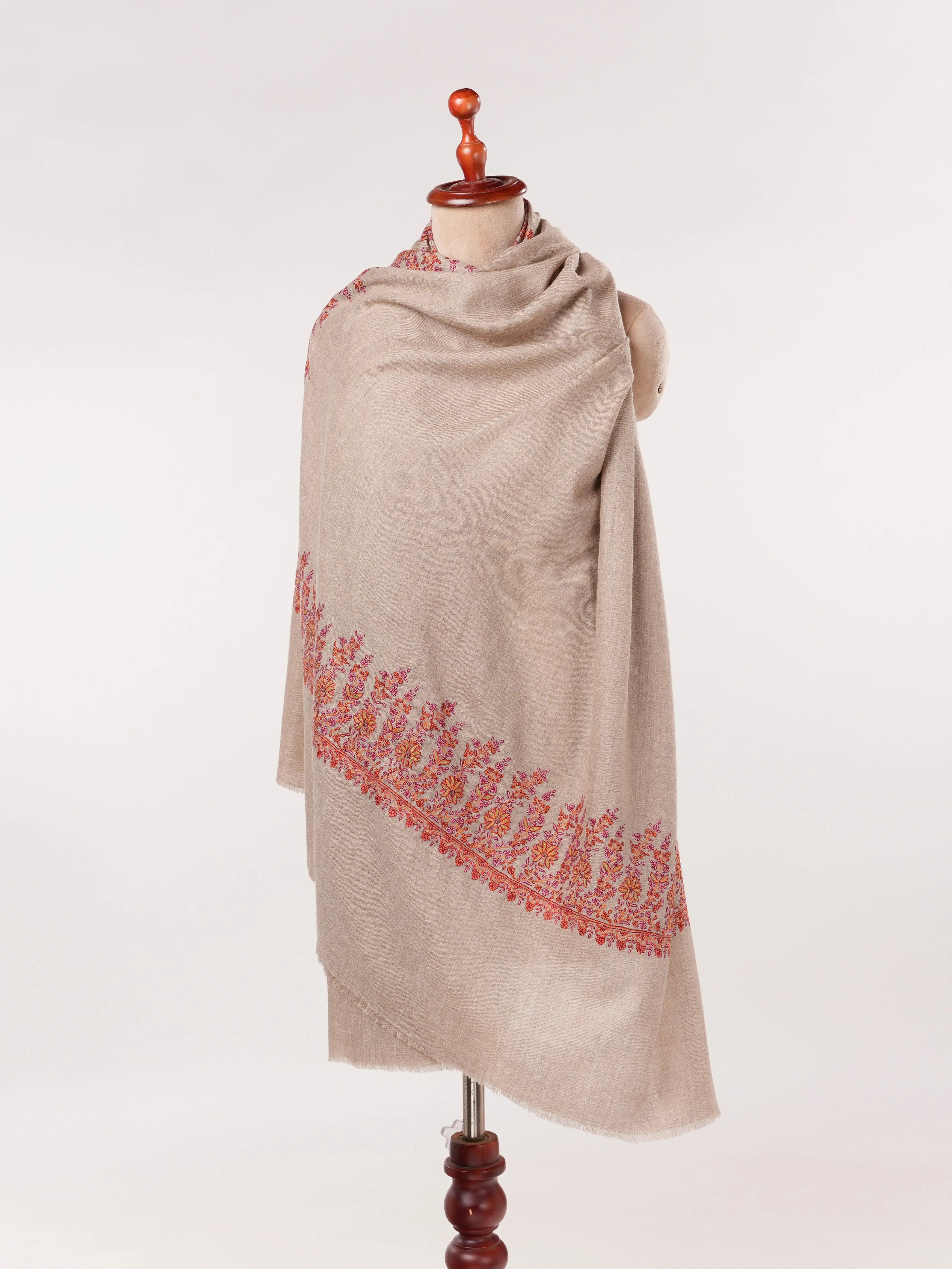 Sozni Daurdar Embroidered Natural Taupe Feather Light Pashmina Shawl Shahkaar.com
