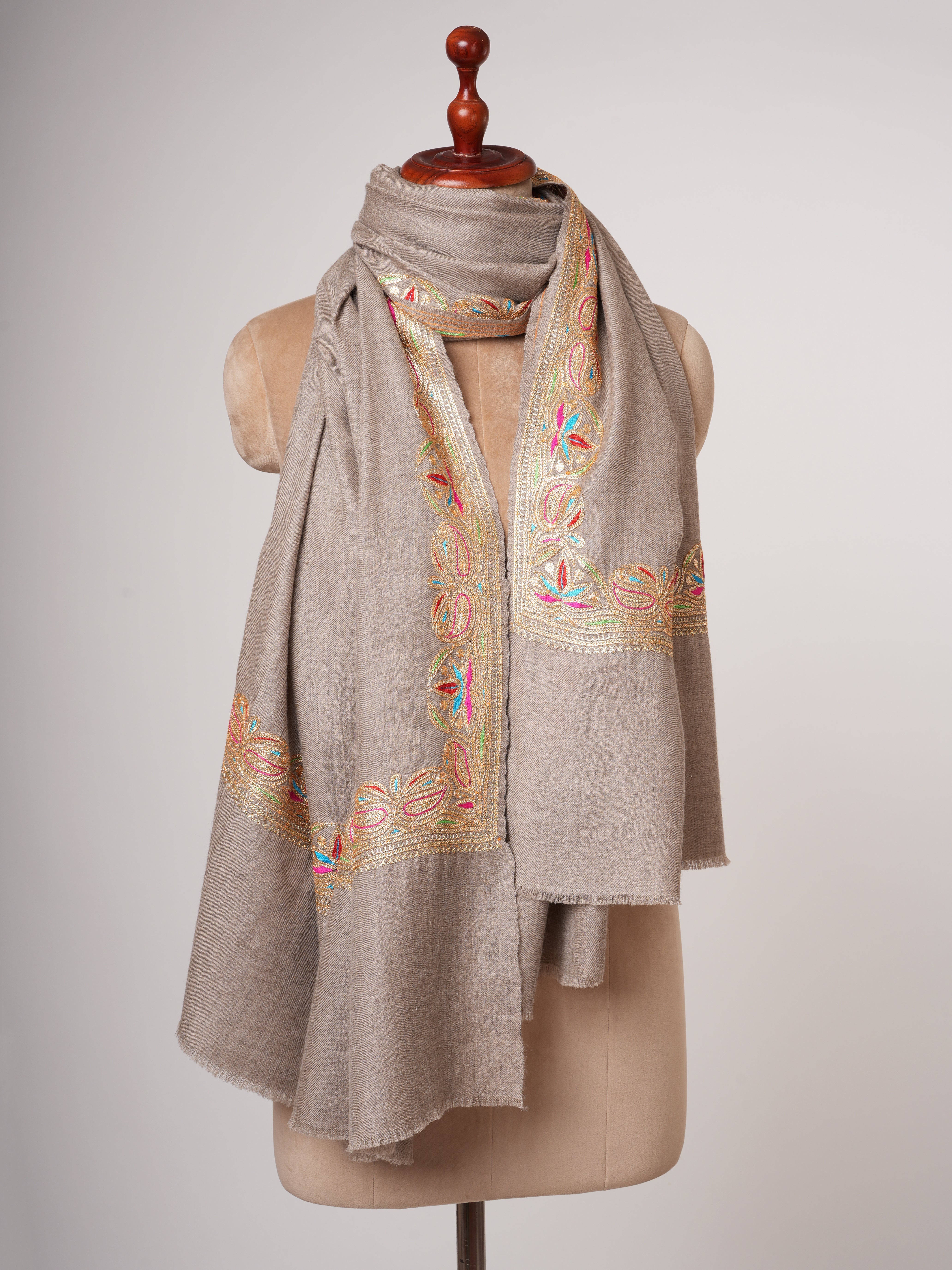 Beige Pashmina Shawl with Hand Embroidery | Kashmiri Heirloom Wrap Shahkaar