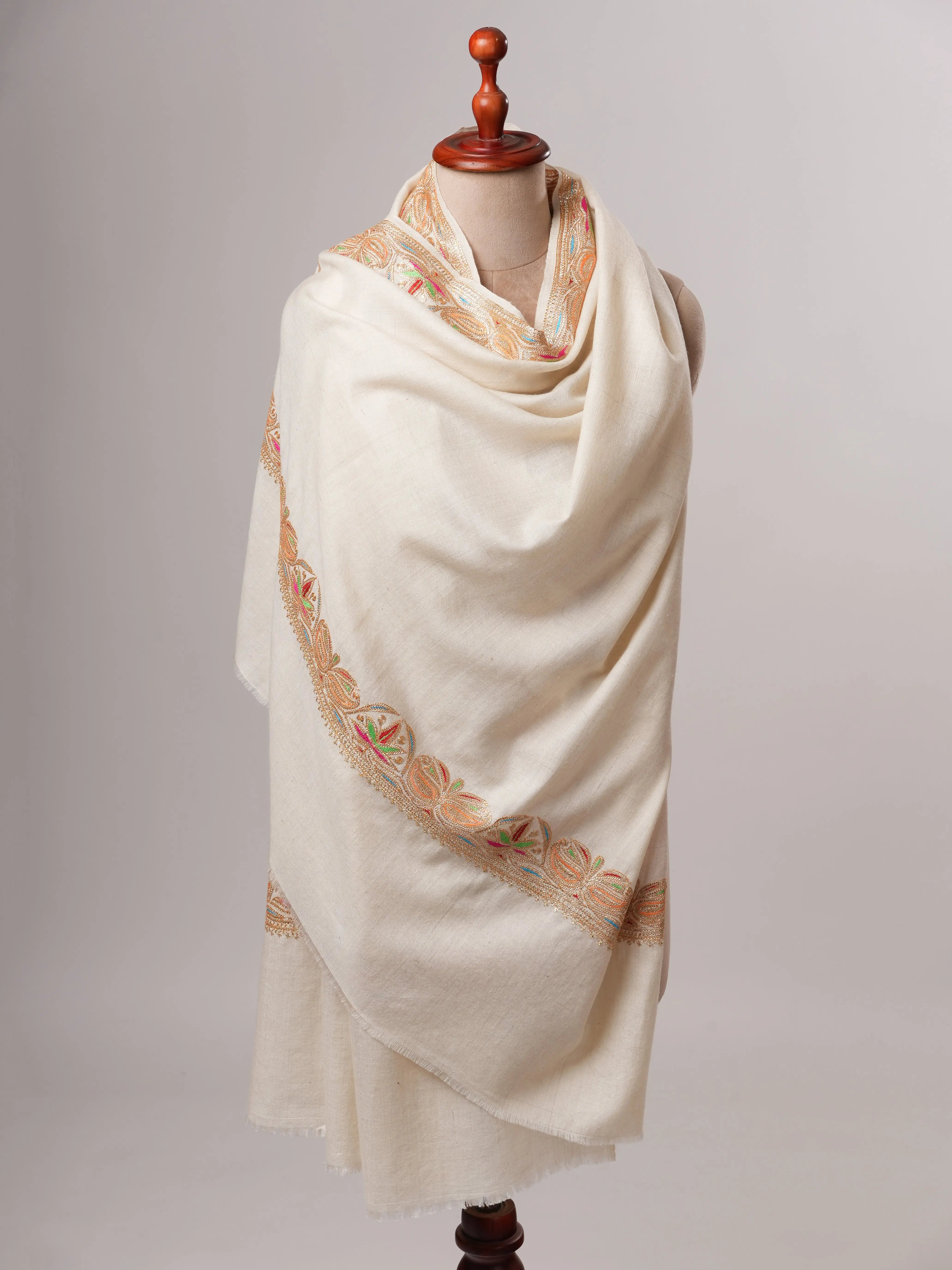 Ivory Daur Dar Pashmina Shawl with Gold Tilla and Sozni Hand Embroidery Shahkaar