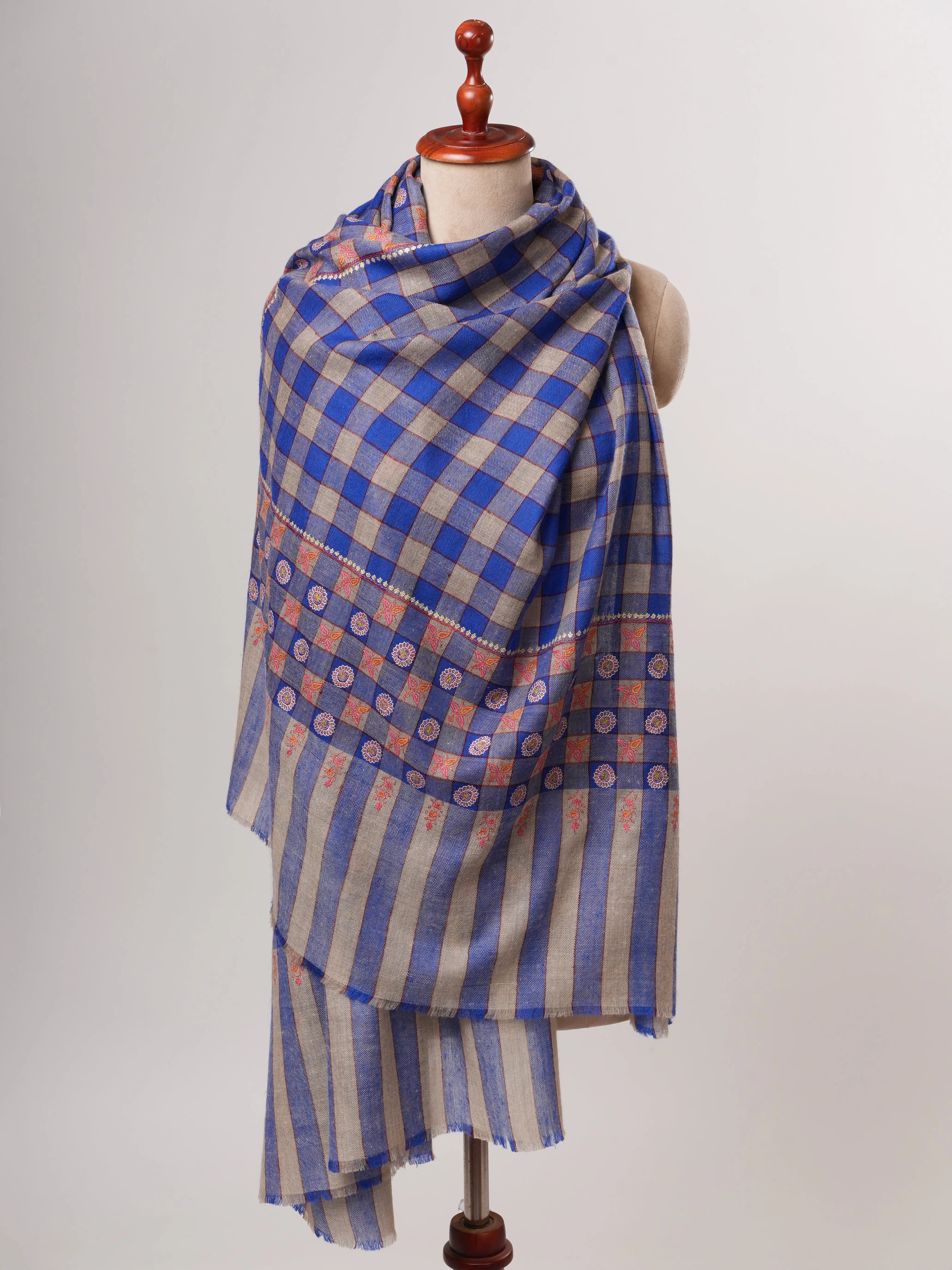 Blue Check Pashmina Shawl – Handwoven with Sozni Embroidery Shahkaar