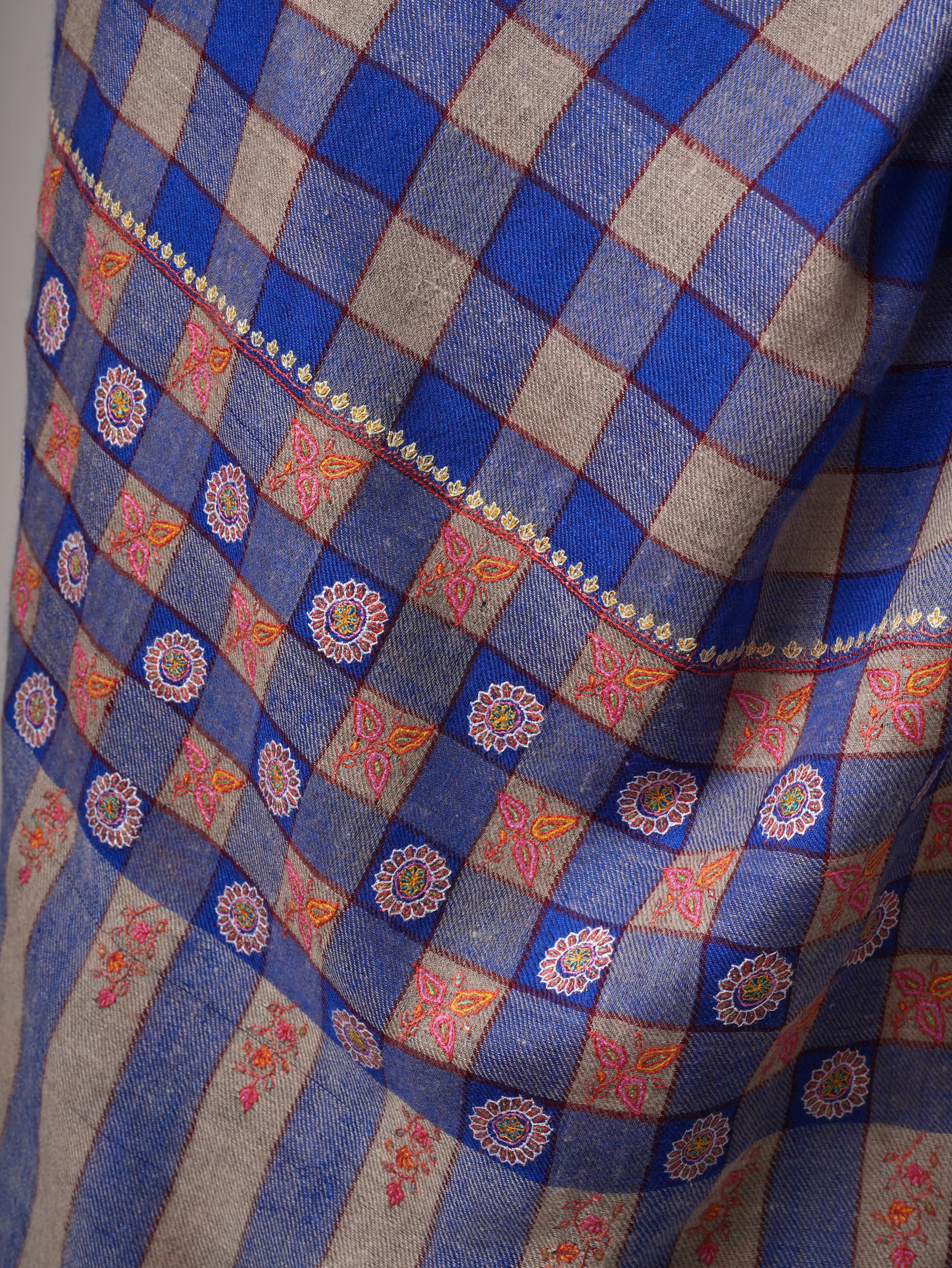 Blue Check Pashmina Shawl – Handwoven with Sozni Embroidery Shahkaar